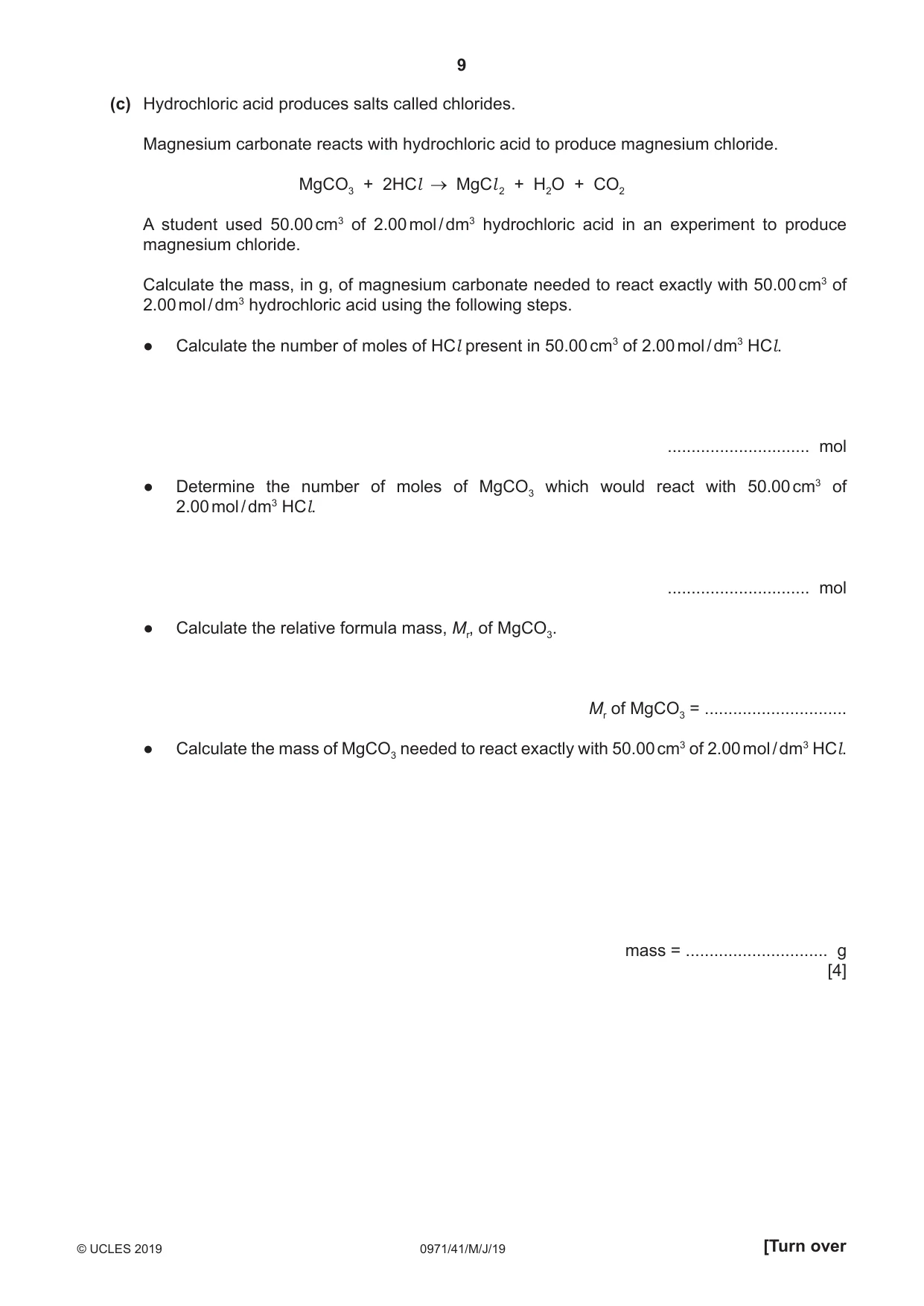 Cambridge IGCSE Chemistry (9-1) 0971 2019 May/June Paper 4 · Variant 1 question paper, page 9 of 16