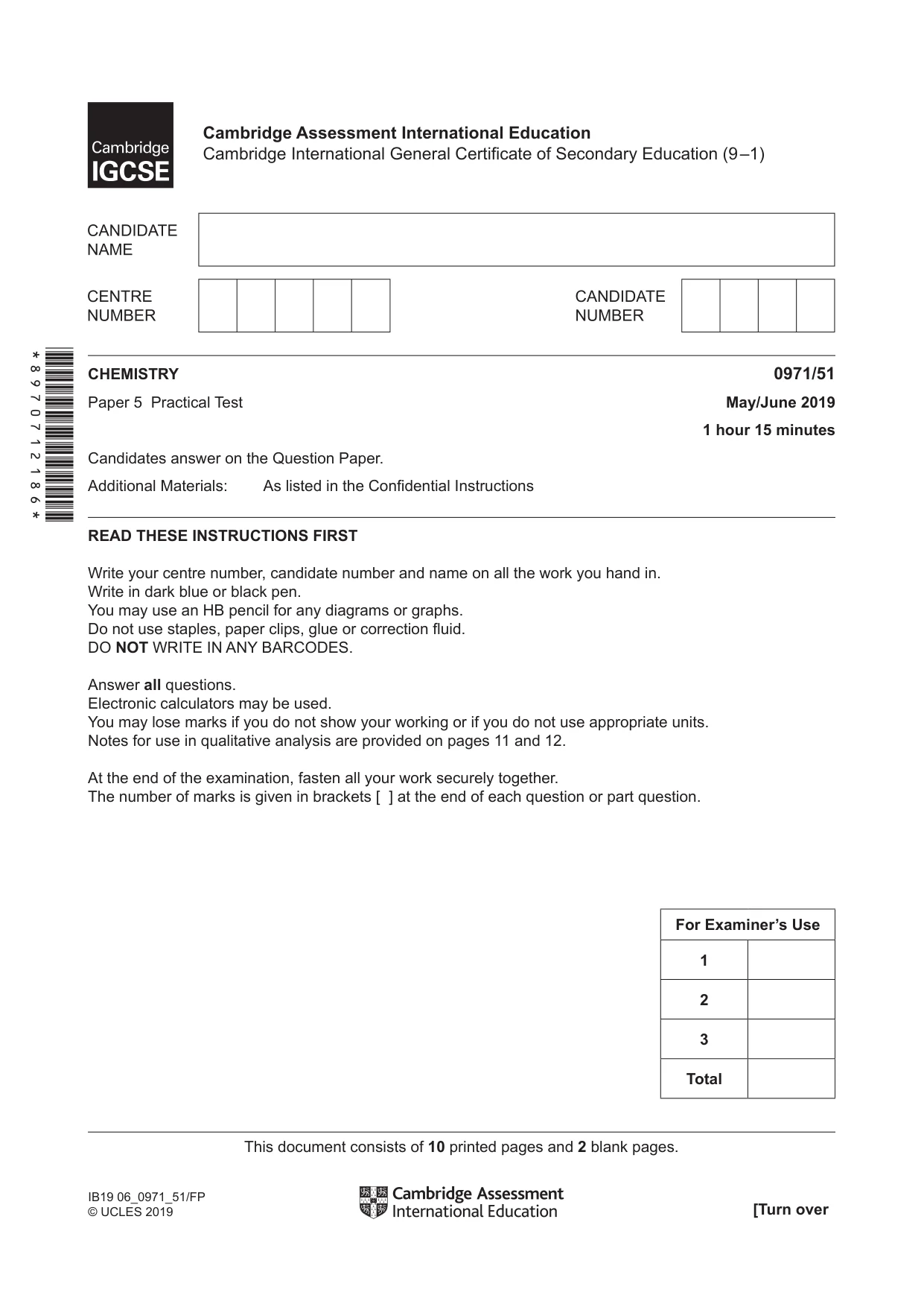 Cambridge IGCSE Chemistry (9-1) 0971 2019 May/June Paper 5 · Variant 1 question paper, page 1 of 12