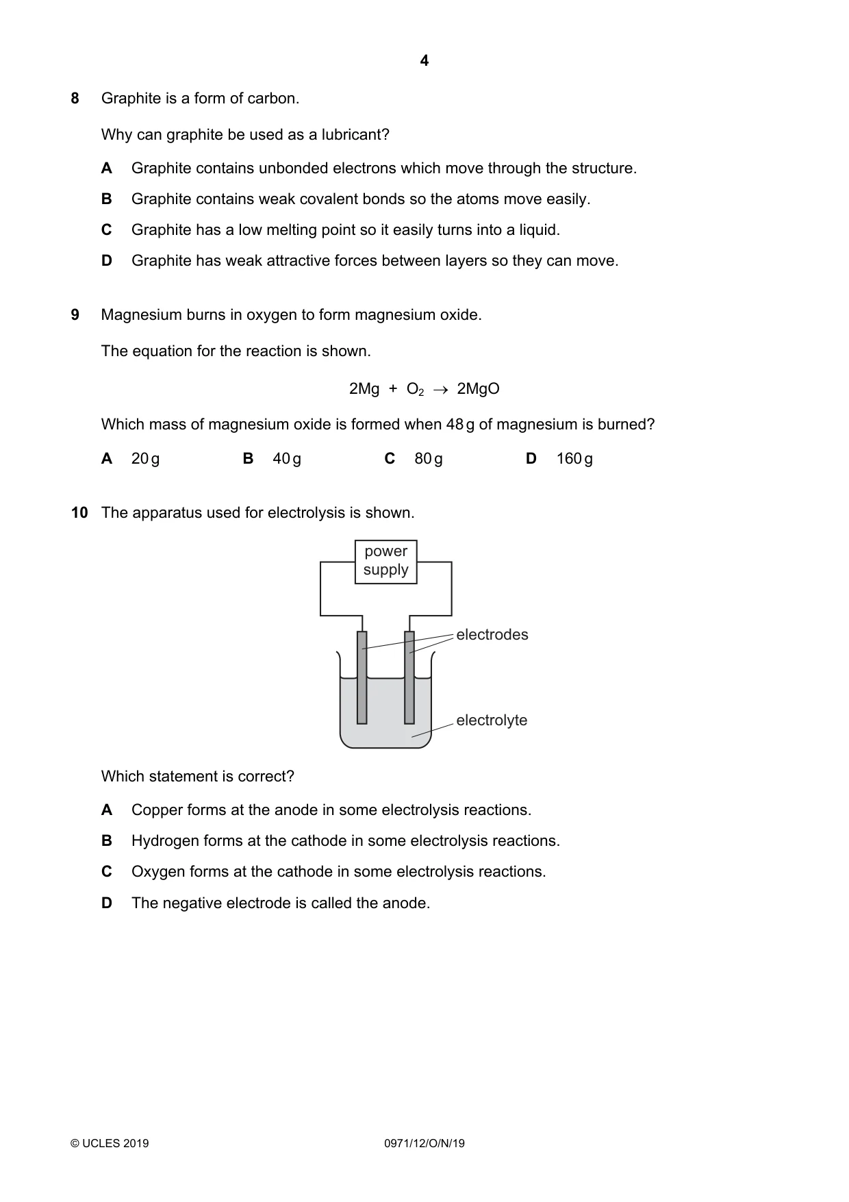 Cambridge IGCSE Chemistry (9-1) 0971 2019 Oct/Nov Paper 1 · Variant 2 question paper, page 4 of 16
