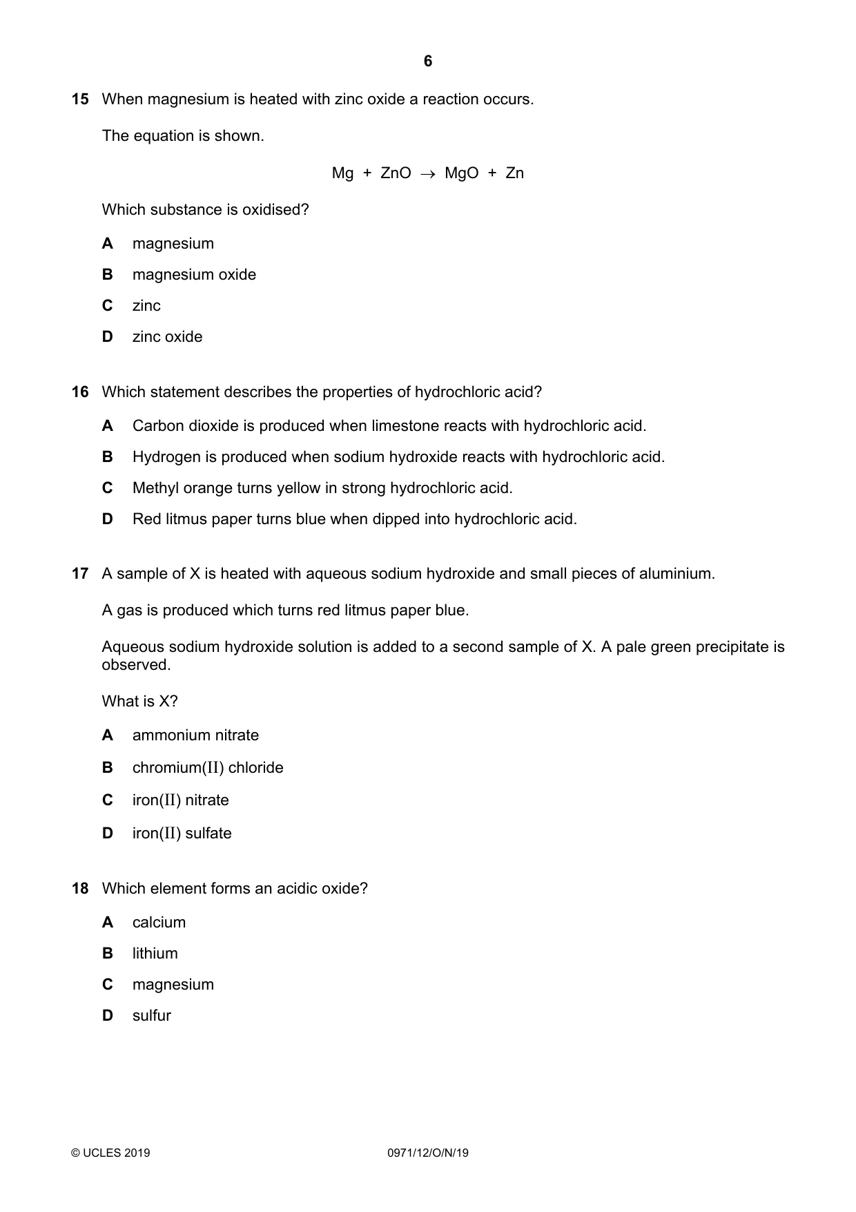 Cambridge IGCSE Chemistry (9-1) 0971 2019 Oct/Nov Paper 1 · Variant 2 question paper, page 6 of 16