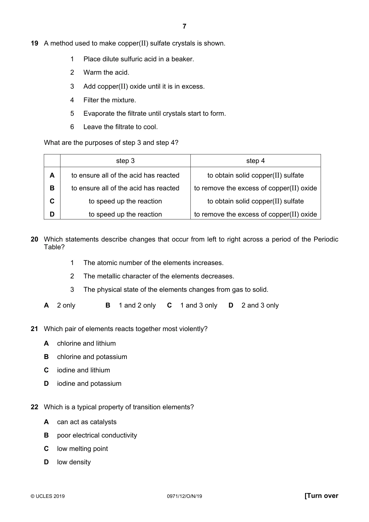 Cambridge IGCSE Chemistry (9-1) 0971 2019 Oct/Nov Paper 1 · Variant 2 question paper, page 7 of 16