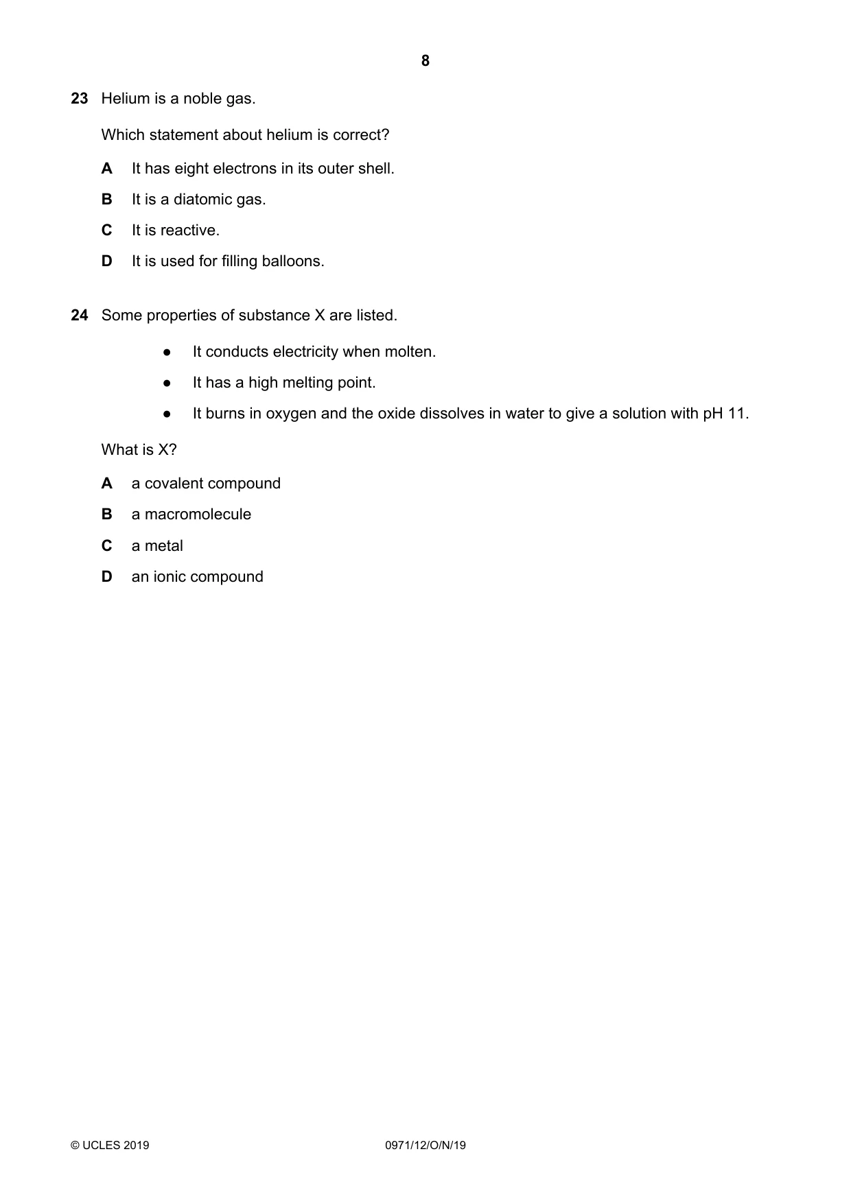 Cambridge IGCSE Chemistry (9-1) 0971 2019 Oct/Nov Paper 1 · Variant 2 question paper, page 8 of 16