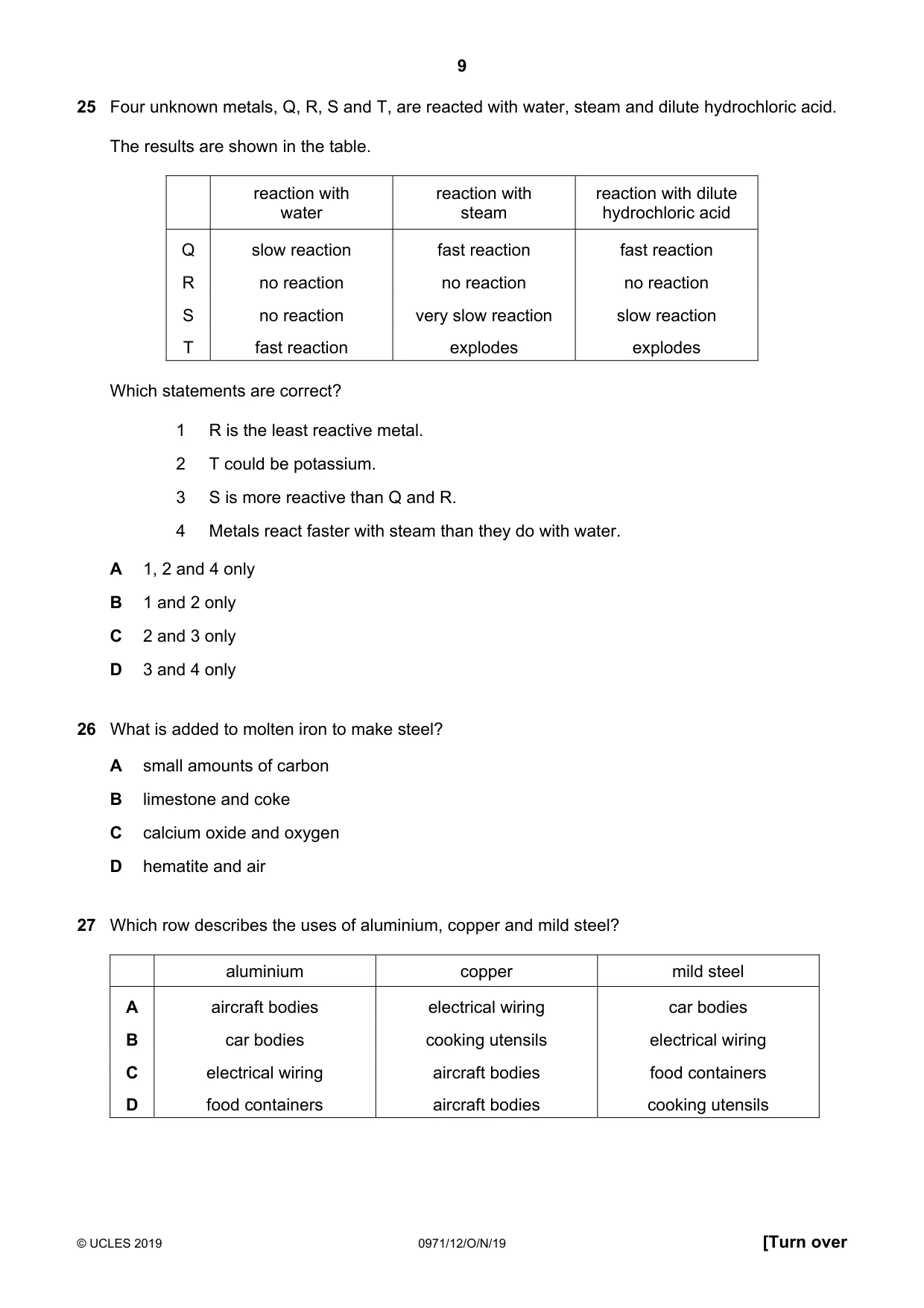 Cambridge IGCSE Chemistry (9-1) 0971 2019 Oct/Nov Paper 1 · Variant 2 question paper, page 9 of 16