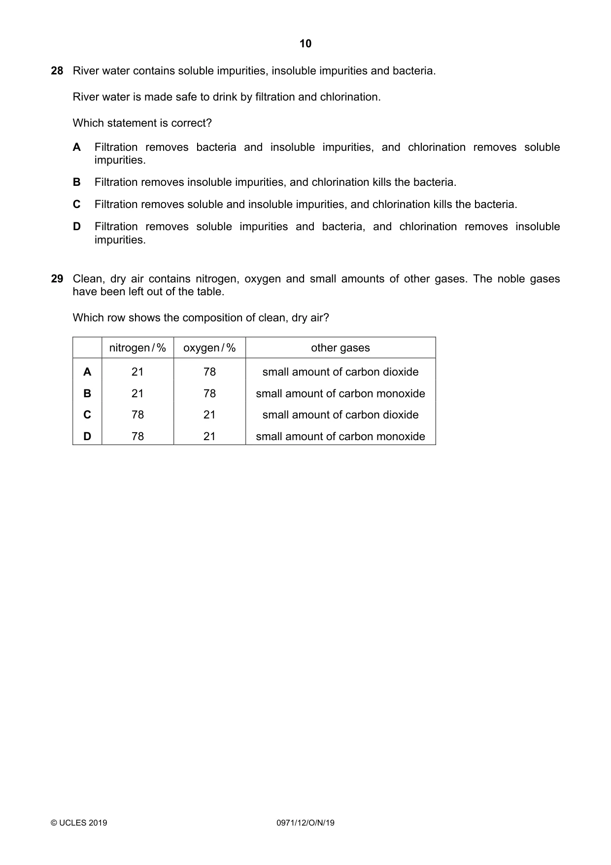 Cambridge IGCSE Chemistry (9-1) 0971 2019 Oct/Nov Paper 1 · Variant 2 question paper, page 10 of 16