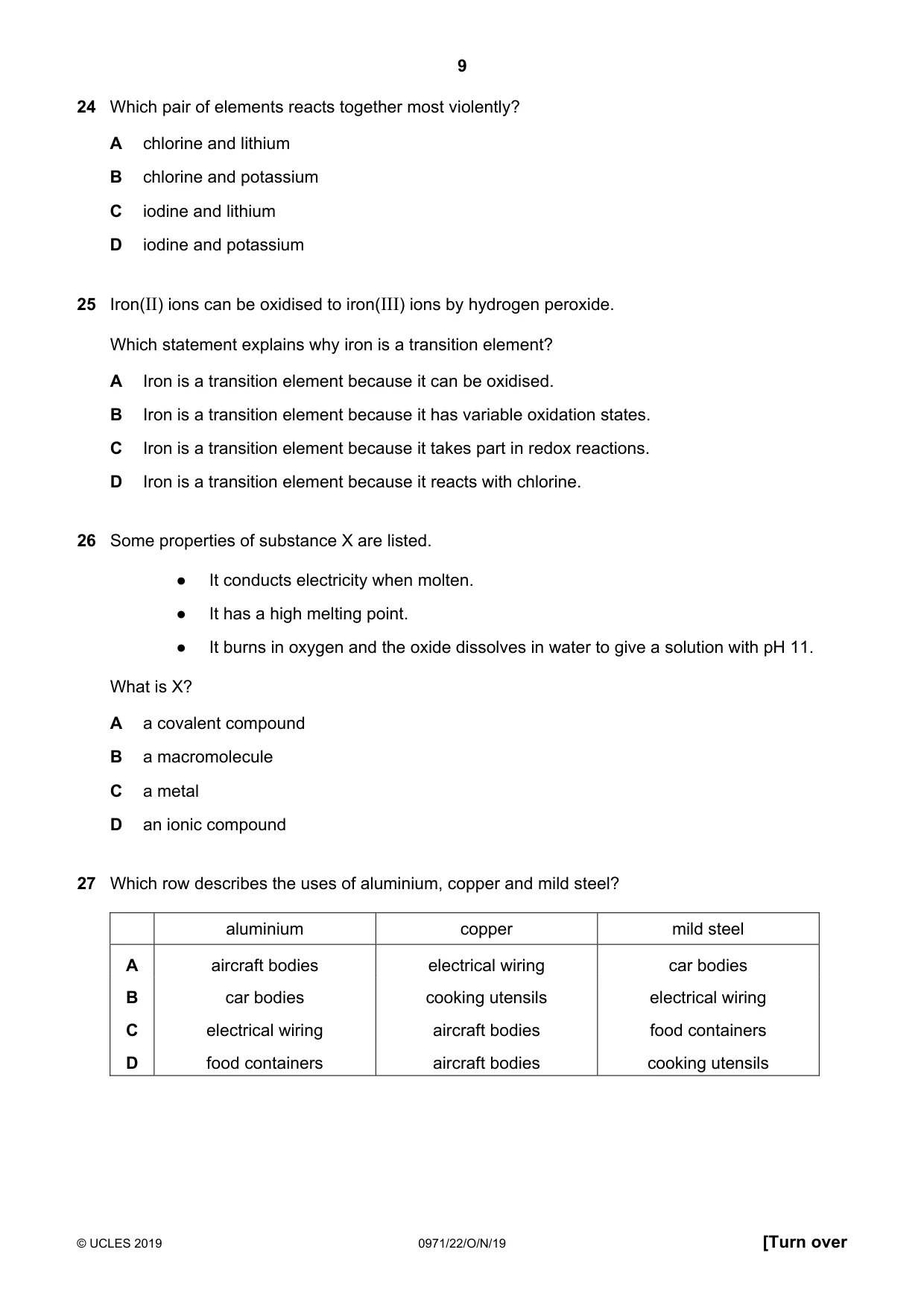 Cambridge IGCSE Chemistry (9-1) 0971 2019 Oct/Nov Paper 2 · Variant 2 question paper, page 9 of 16