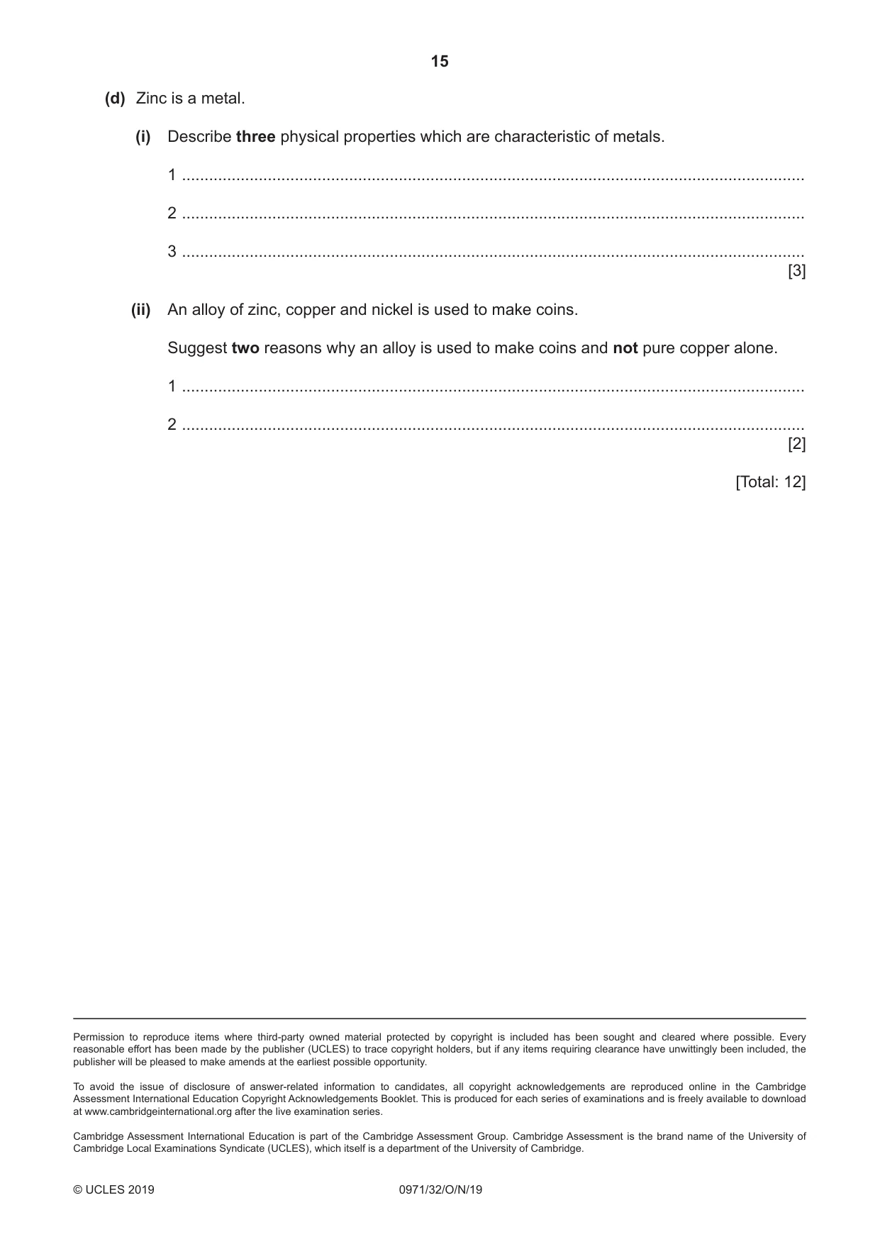 Cambridge IGCSE Chemistry (9-1) 0971 2019 Oct/Nov Paper 3 · Variant 2 question paper, page 15 of 16