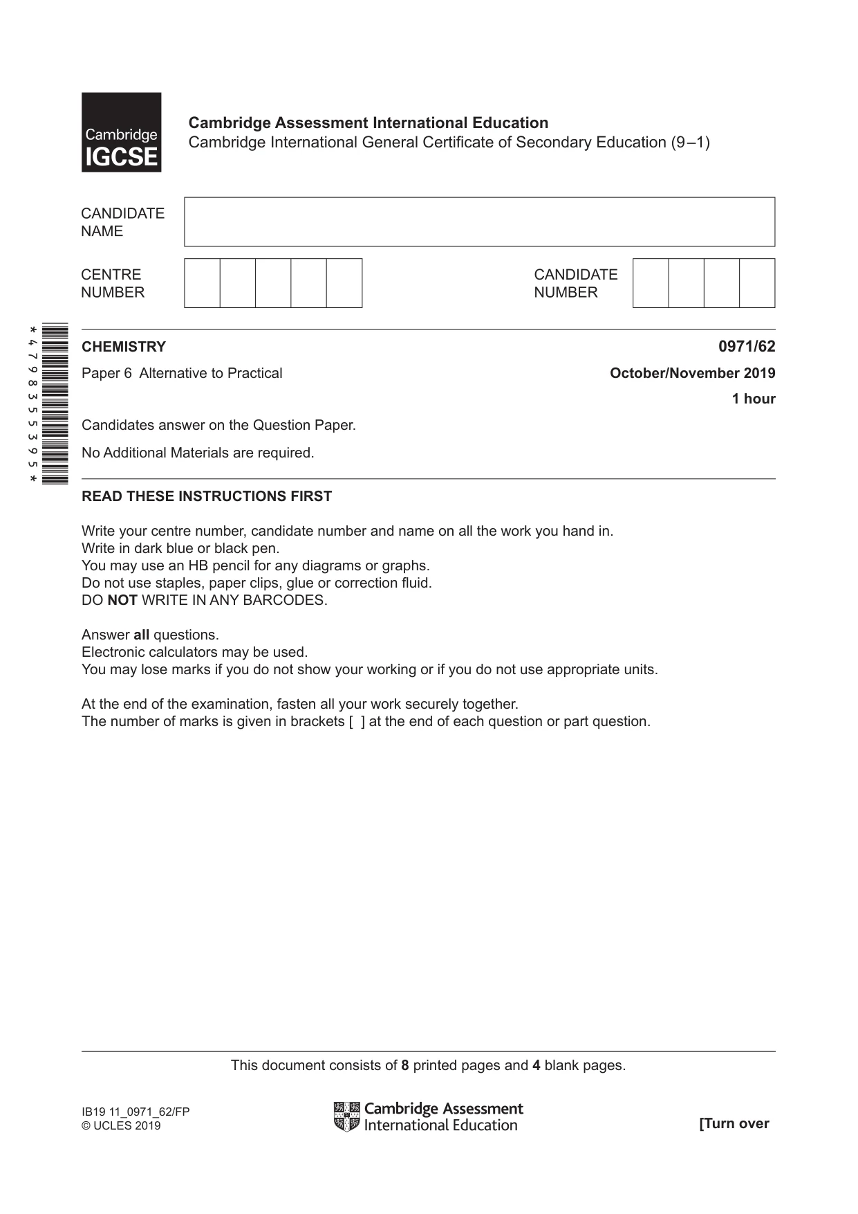 Cambridge IGCSE Chemistry (9-1) 0971 2019 Oct/Nov Paper 6 · Variant 2 question paper, page 1 of 12
