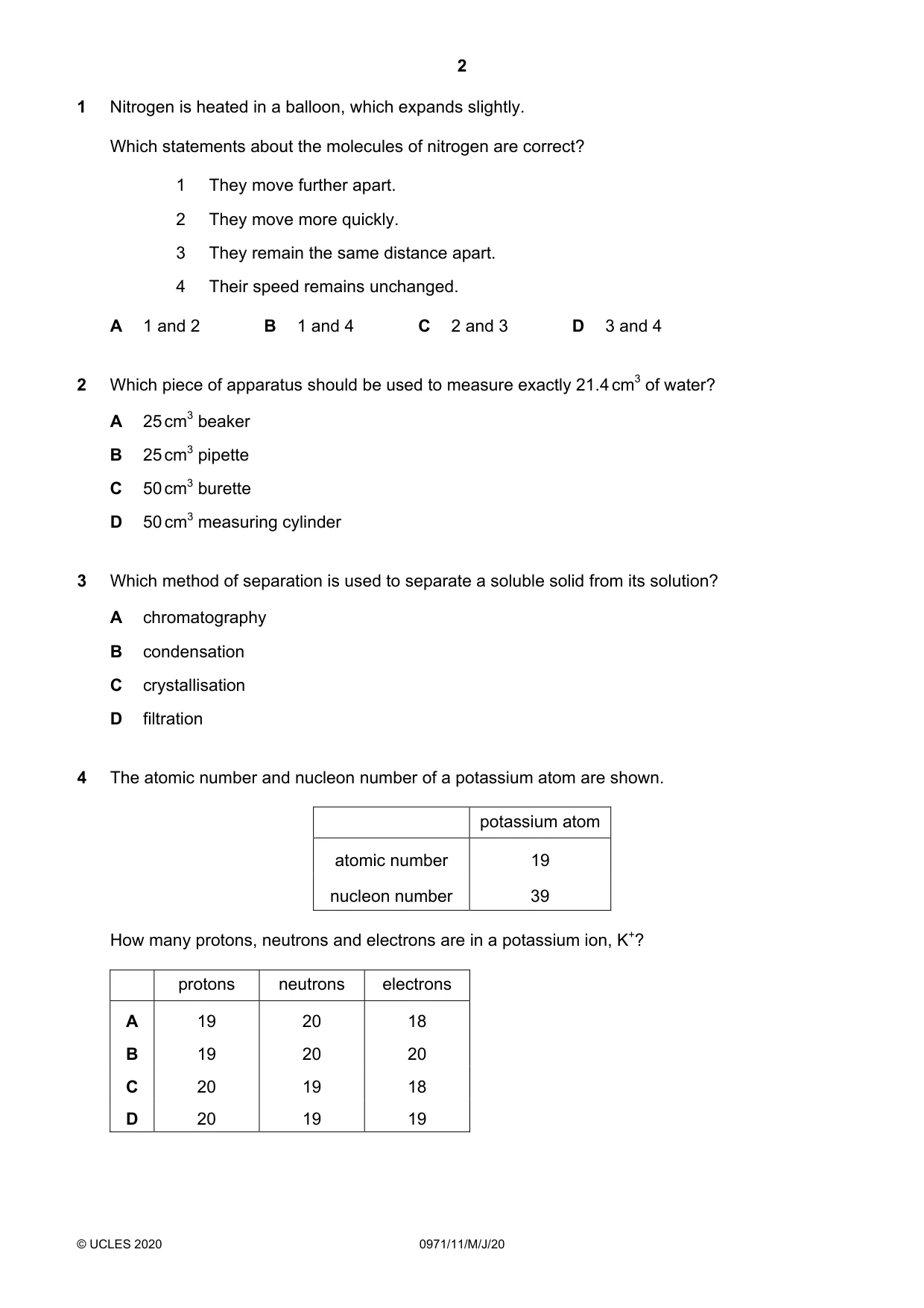 Cambridge IGCSE Chemistry (9-1) 0971 2020 May/June Paper 1 · Variant 1 question paper, page 2 of 16