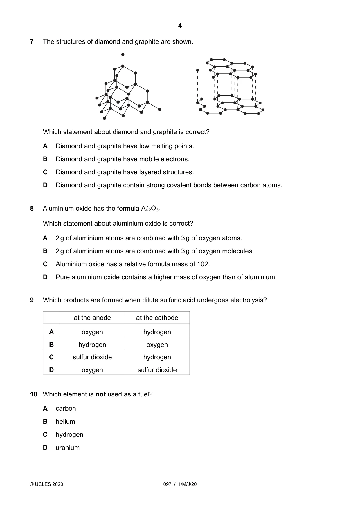 Cambridge IGCSE Chemistry (9-1) 0971 2020 May/June Paper 1 · Variant 1 question paper, page 4 of 16