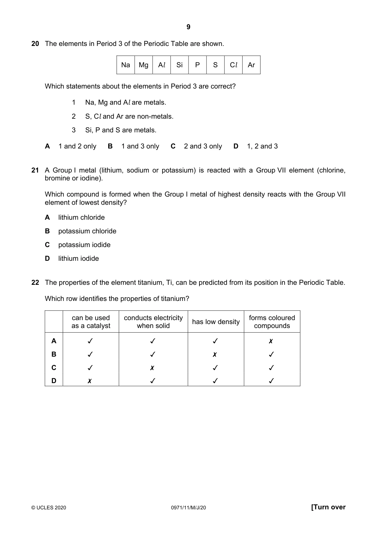 Cambridge IGCSE Chemistry (9-1) 0971 2020 May/June Paper 1 · Variant 1 question paper, page 9 of 16