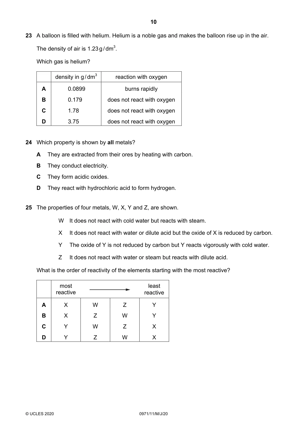 Cambridge IGCSE Chemistry (9-1) 0971 2020 May/June Paper 1 · Variant 1 question paper, page 10 of 16