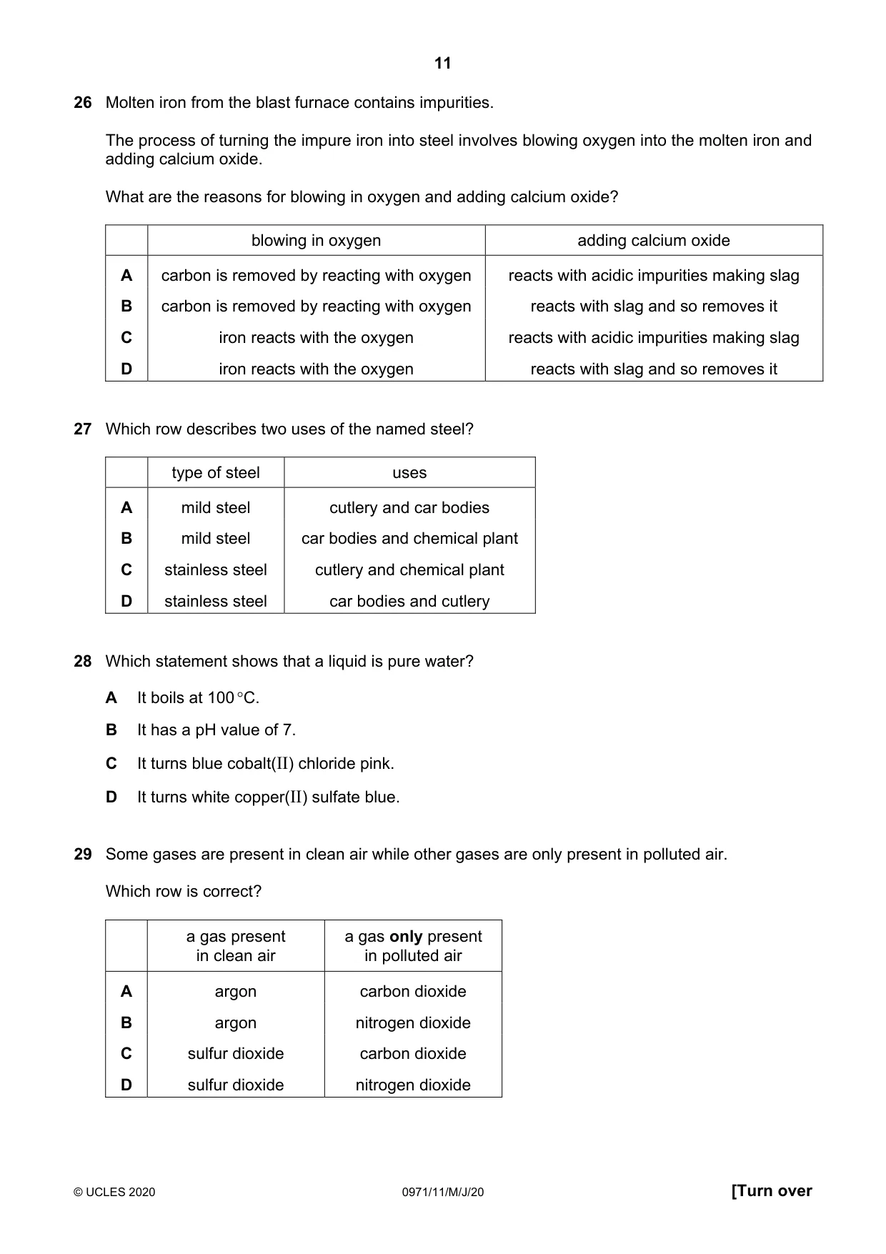 Cambridge IGCSE Chemistry (9-1) 0971 2020 May/June Paper 1 · Variant 1 question paper, page 11 of 16
