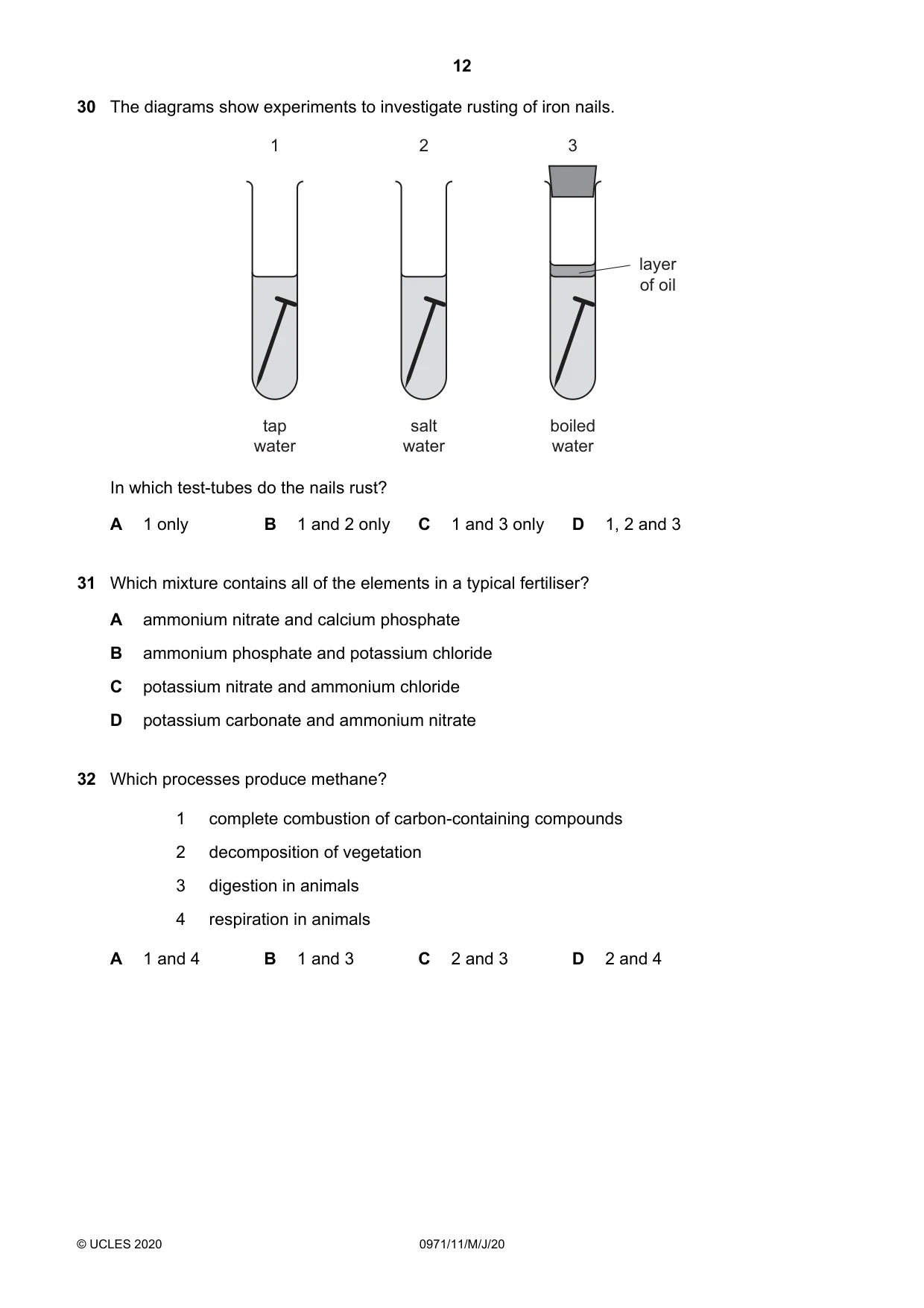 Cambridge IGCSE Chemistry (9-1) 0971 2020 May/June Paper 1 · Variant 1 question paper, page 12 of 16
