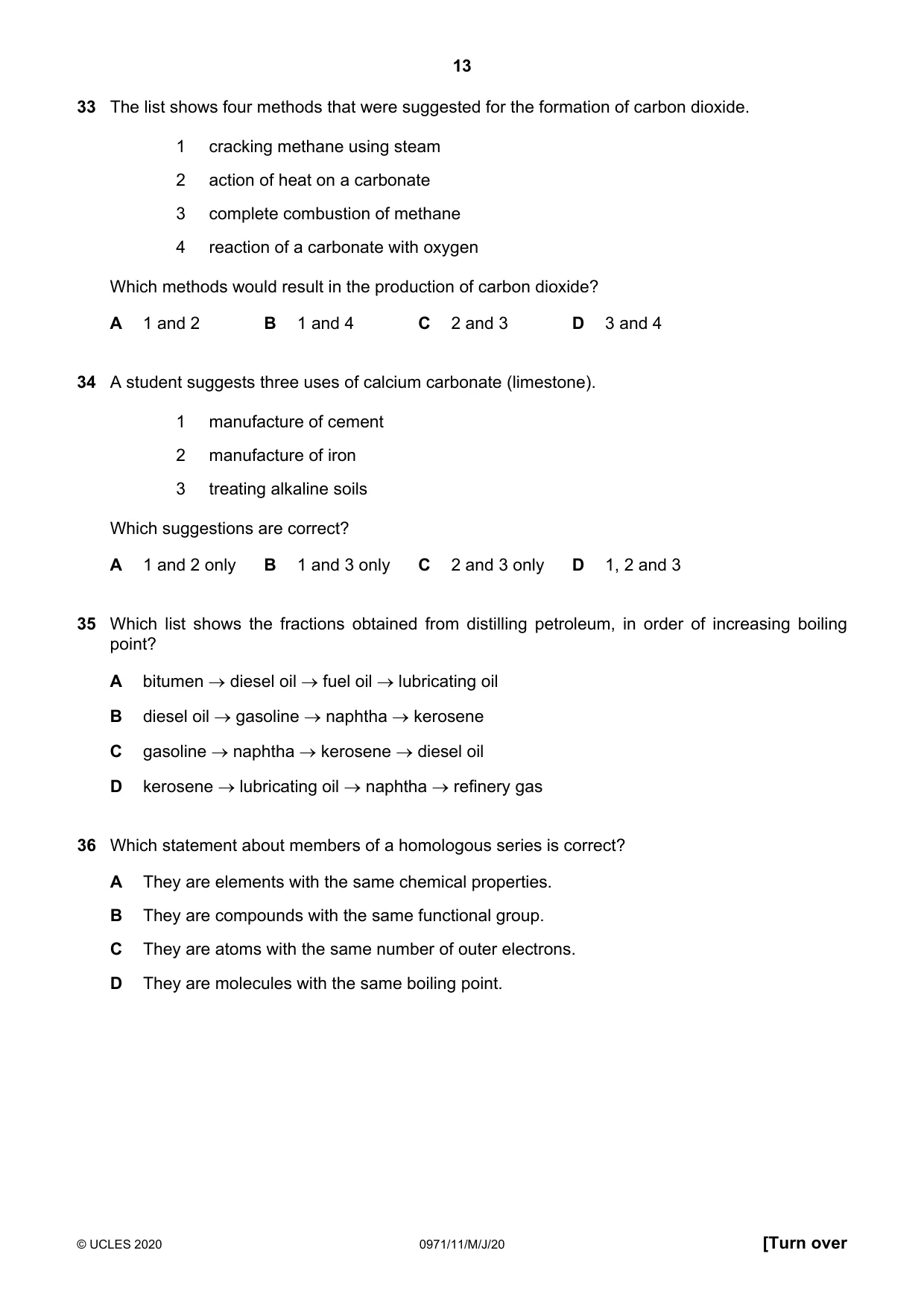 Cambridge IGCSE Chemistry (9-1) 0971 2020 May/June Paper 1 · Variant 1 question paper, page 13 of 16