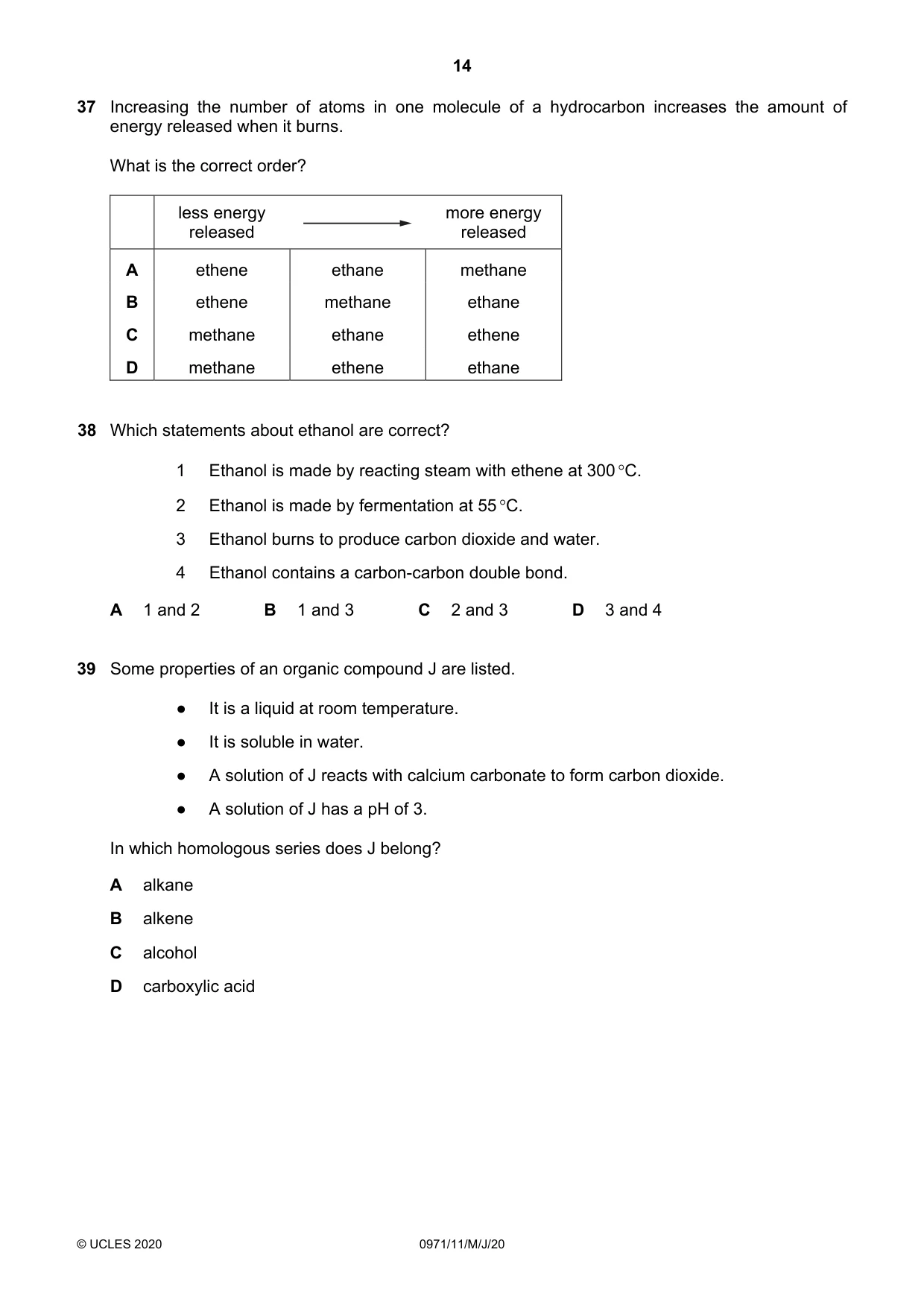 Cambridge IGCSE Chemistry (9-1) 0971 2020 May/June Paper 1 · Variant 1 question paper, page 14 of 16