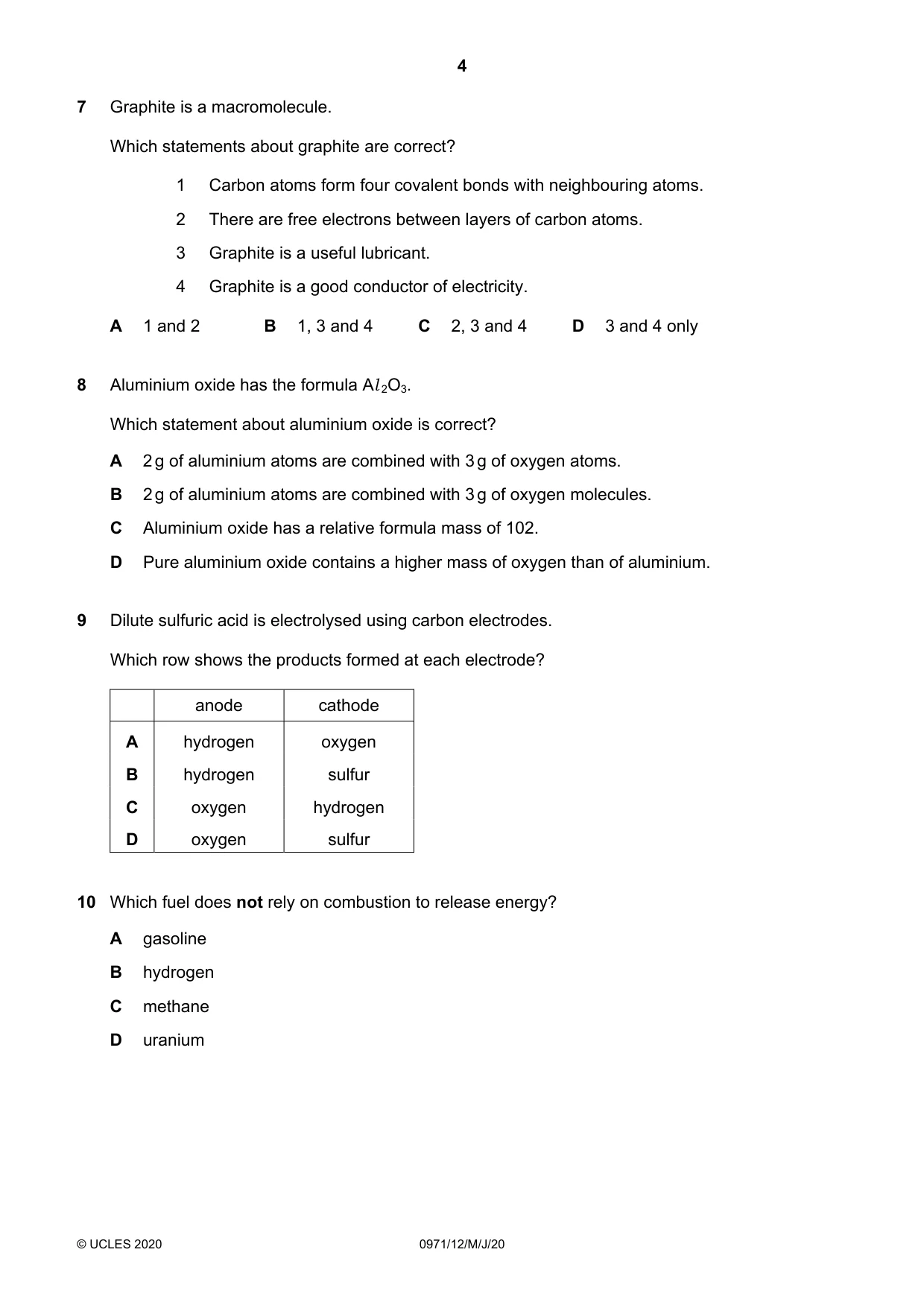 Cambridge IGCSE Chemistry (9-1) 0971 2020 May/June Paper 1 · Variant 2 question paper, page 4 of 16