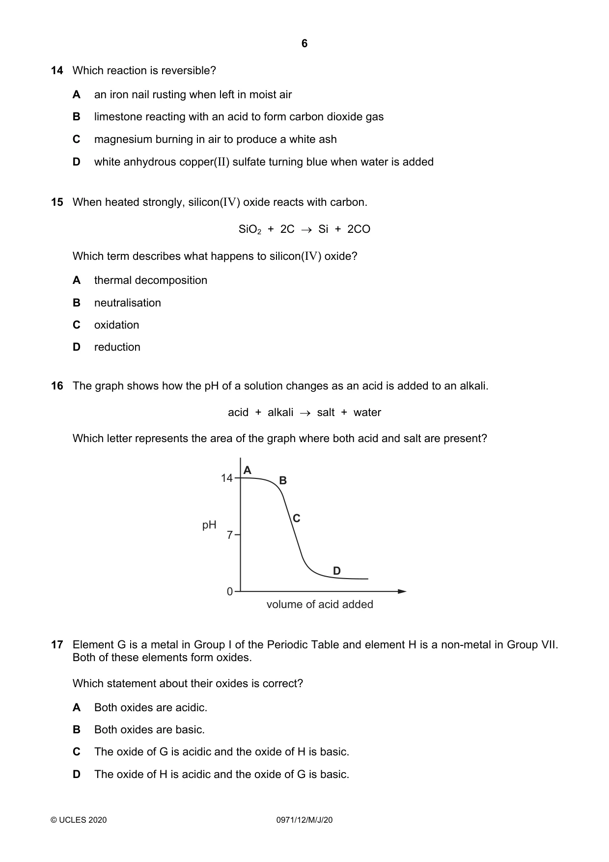 Cambridge IGCSE Chemistry (9-1) 0971 2020 May/June Paper 1 · Variant 2 question paper, page 6 of 16