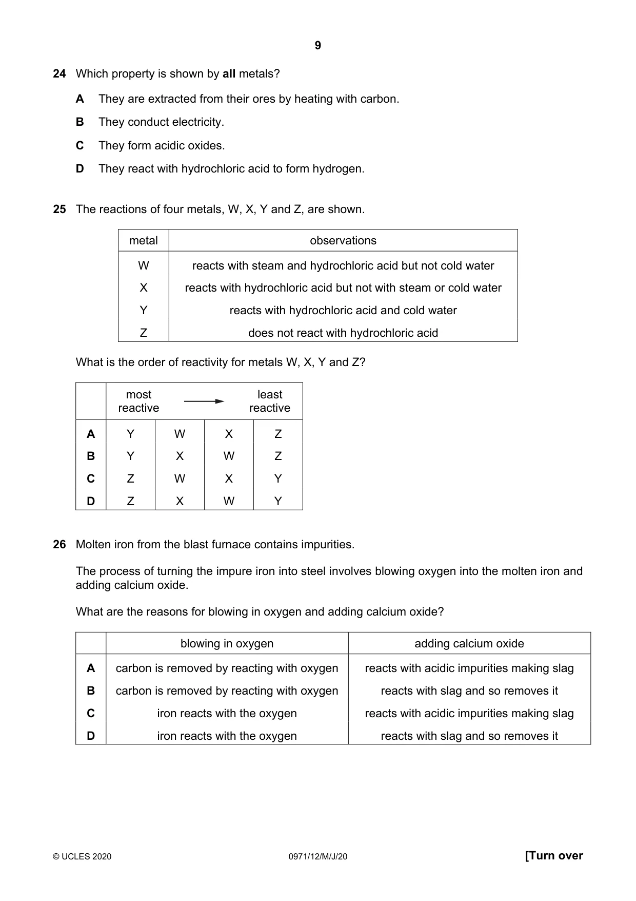 Cambridge IGCSE Chemistry (9-1) 0971 2020 May/June Paper 1 · Variant 2 question paper, page 9 of 16