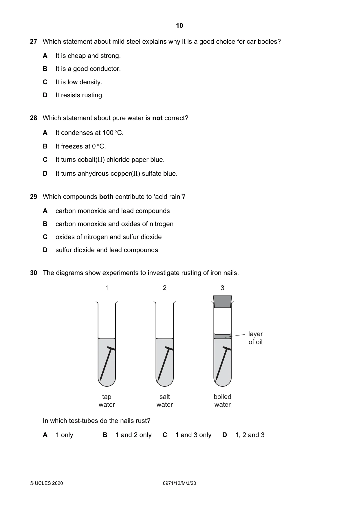 Cambridge IGCSE Chemistry (9-1) 0971 2020 May/June Paper 1 · Variant 2 question paper, page 10 of 16