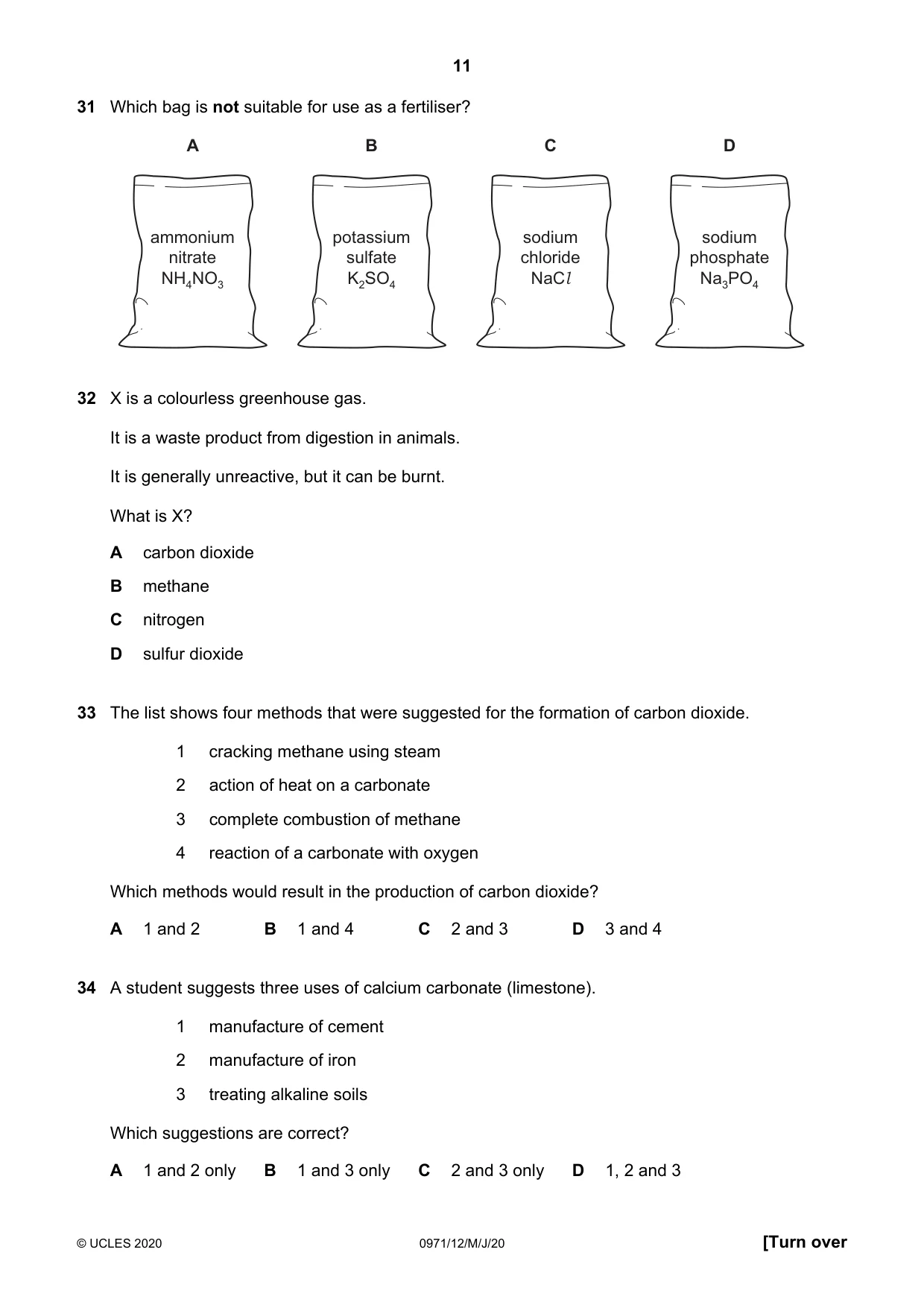 Cambridge IGCSE Chemistry (9-1) 0971 2020 May/June Paper 1 · Variant 2 question paper, page 11 of 16