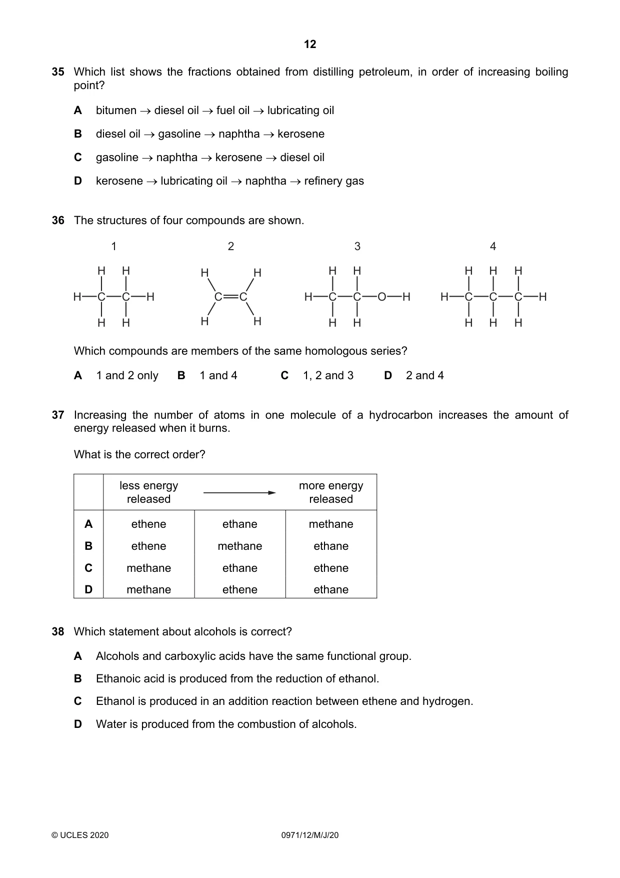 Cambridge IGCSE Chemistry (9-1) 0971 2020 May/June Paper 1 · Variant 2 question paper, page 12 of 16