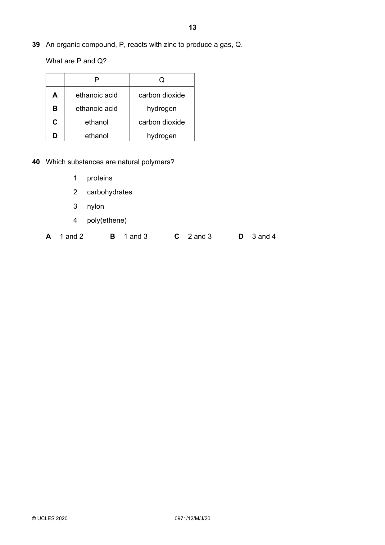 Cambridge IGCSE Chemistry (9-1) 0971 2020 May/June Paper 1 · Variant 2 question paper, page 13 of 16