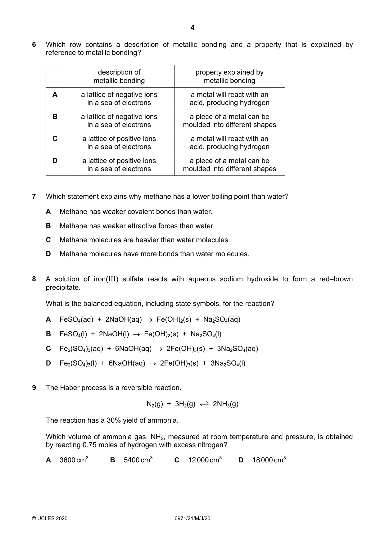 Cambridge IGCSE Chemistry (9-1) 0971 2020 May/June Paper 2 · Variant 1 question paper, page 4 of 16