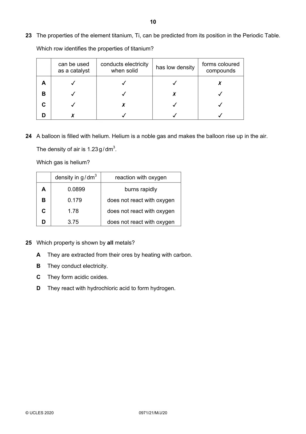 Cambridge IGCSE Chemistry (9-1) 0971 2020 May/June Paper 2 · Variant 1 question paper, page 10 of 16