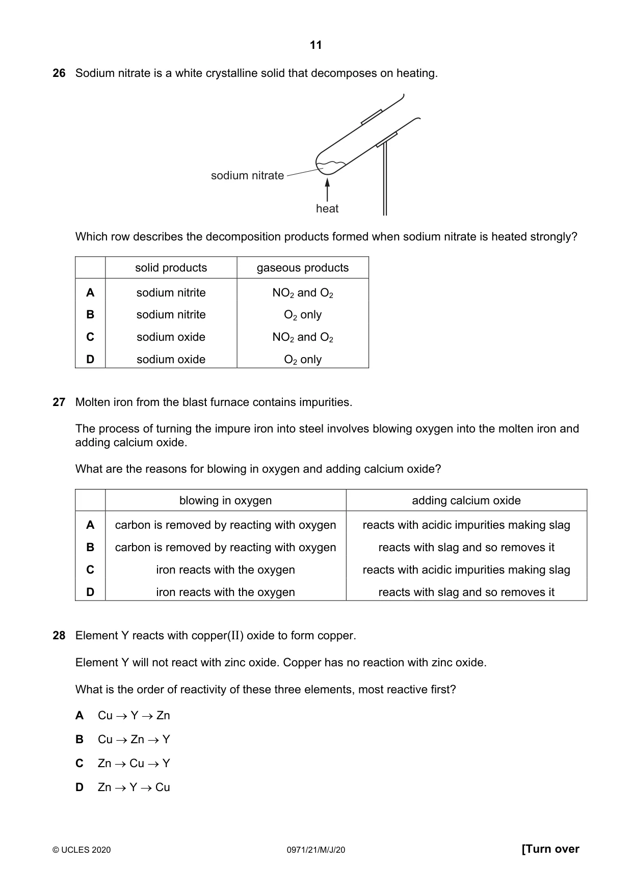 Cambridge IGCSE Chemistry (9-1) 0971 2020 May/June Paper 2 · Variant 1 question paper, page 11 of 16