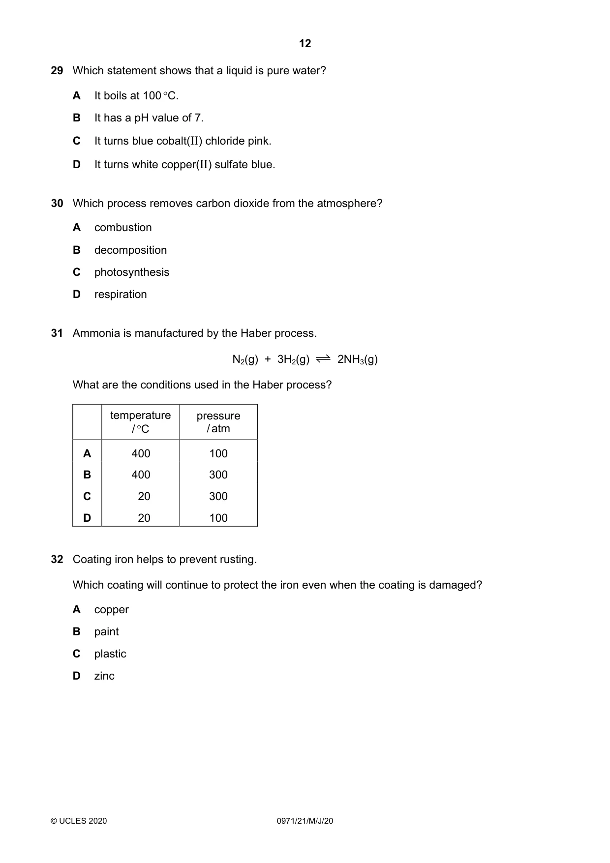 Cambridge IGCSE Chemistry (9-1) 0971 2020 May/June Paper 2 · Variant 1 question paper, page 12 of 16