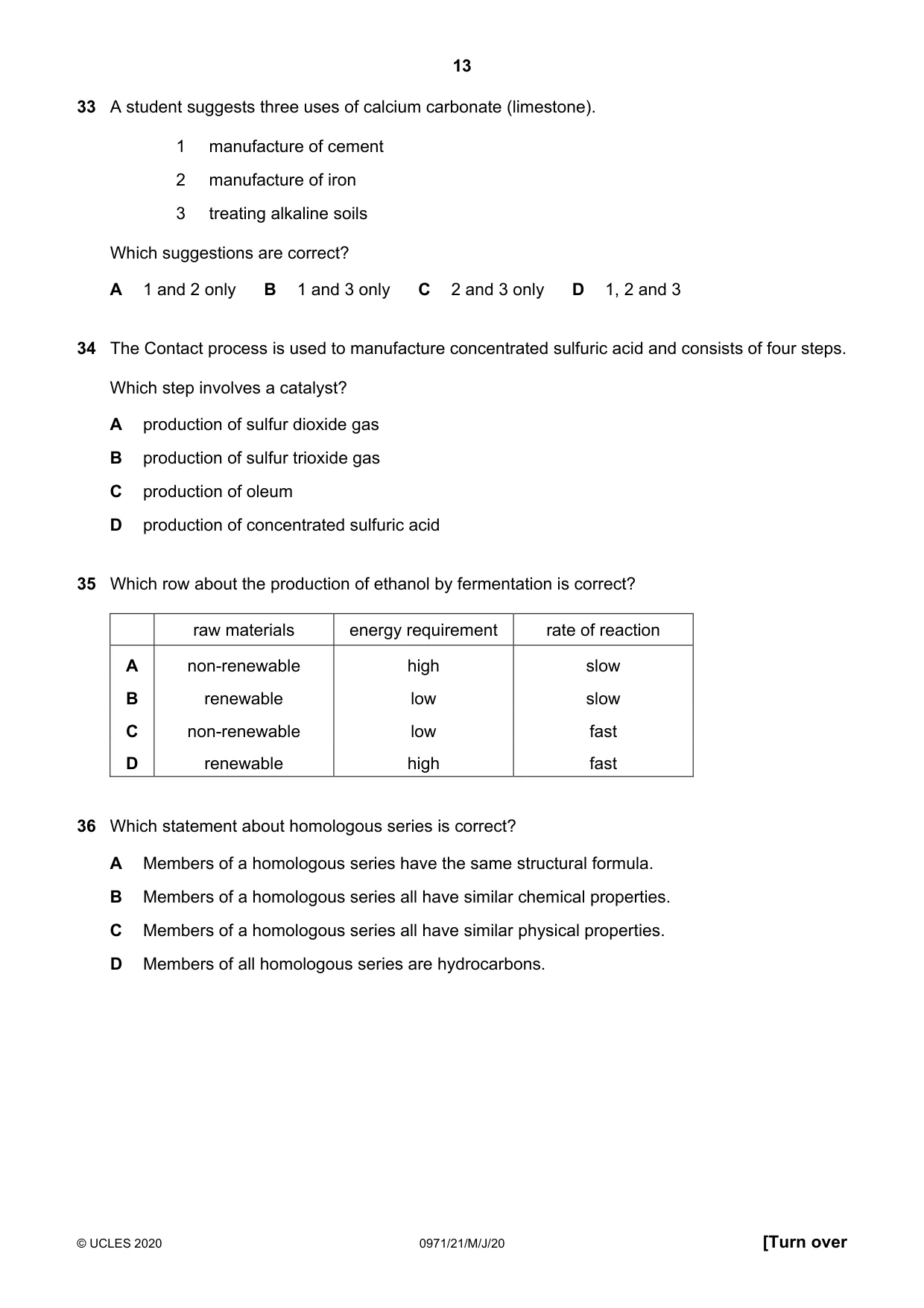 Cambridge IGCSE Chemistry (9-1) 0971 2020 May/June Paper 2 · Variant 1 question paper, page 13 of 16