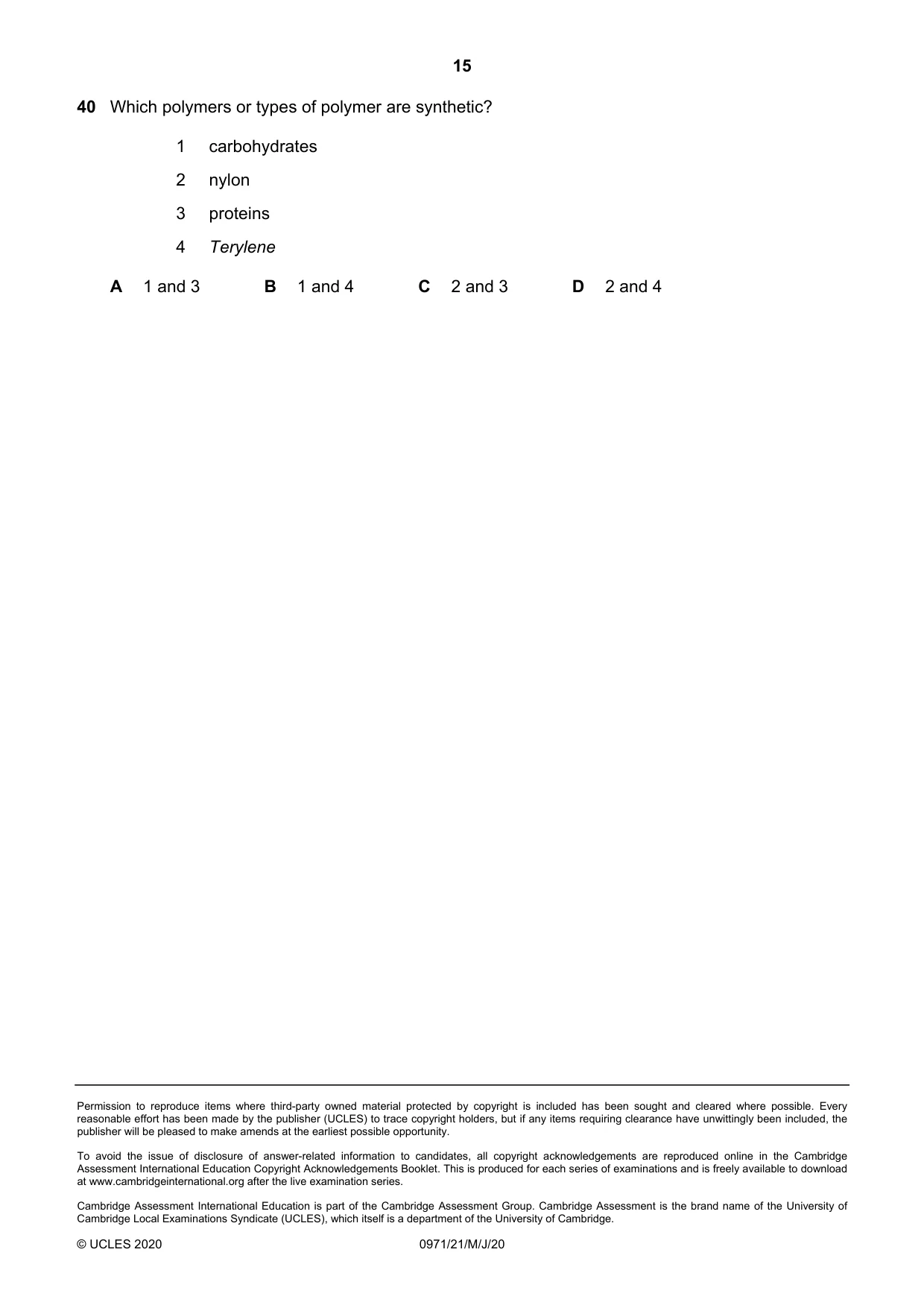 Cambridge IGCSE Chemistry (9-1) 0971 2020 May/June Paper 2 · Variant 1 question paper, page 15 of 16