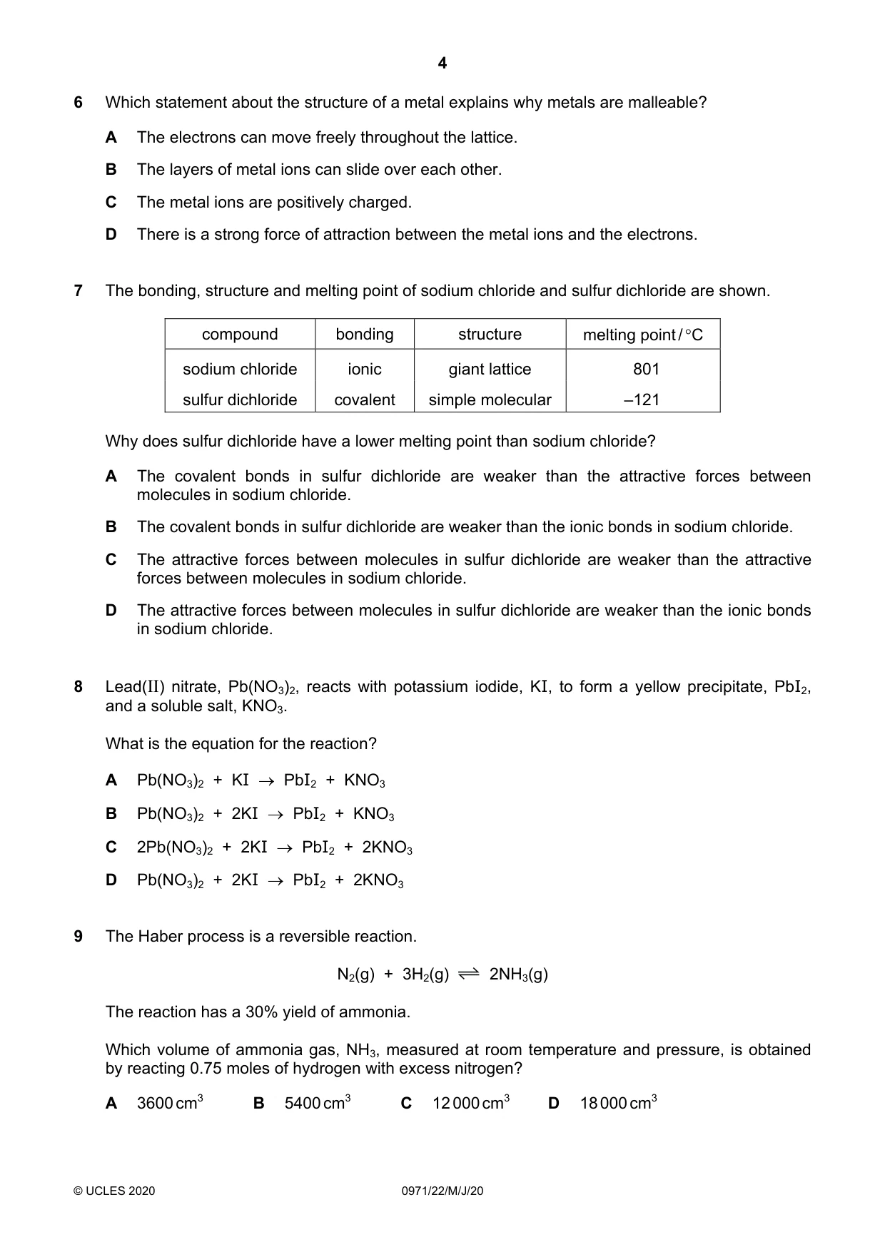 Cambridge IGCSE Chemistry (9-1) 0971 2020 May/June Paper 2 · Variant 2 question paper, page 4 of 16