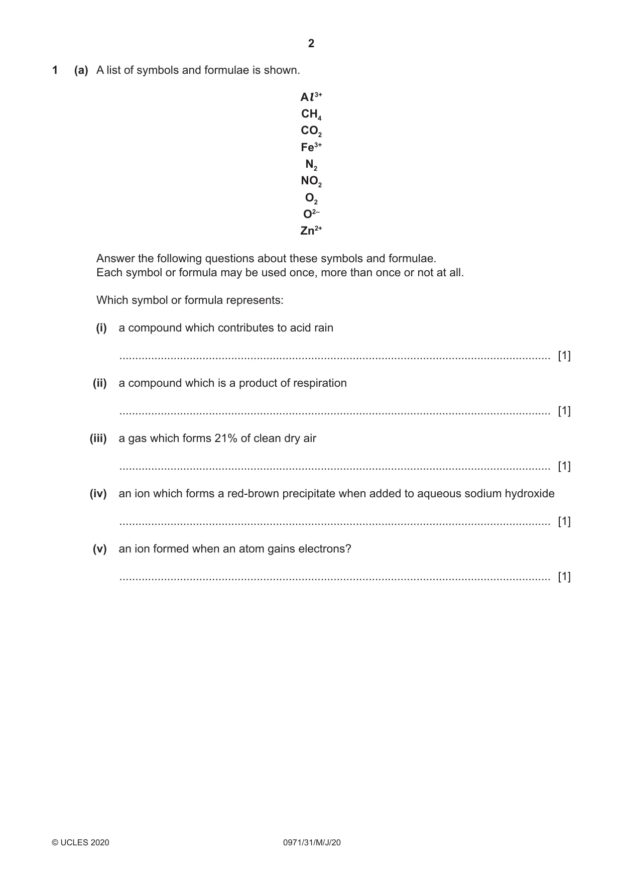 Cambridge IGCSE Chemistry (9-1) 0971 2020 May/June Paper 3 · Variant 1 question paper, page 2 of 20