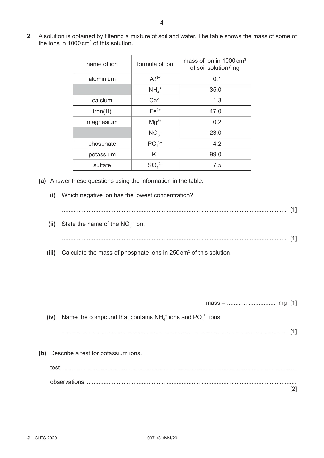 Cambridge IGCSE Chemistry (9-1) 0971 2020 May/June Paper 3 · Variant 1 question paper, page 4 of 20