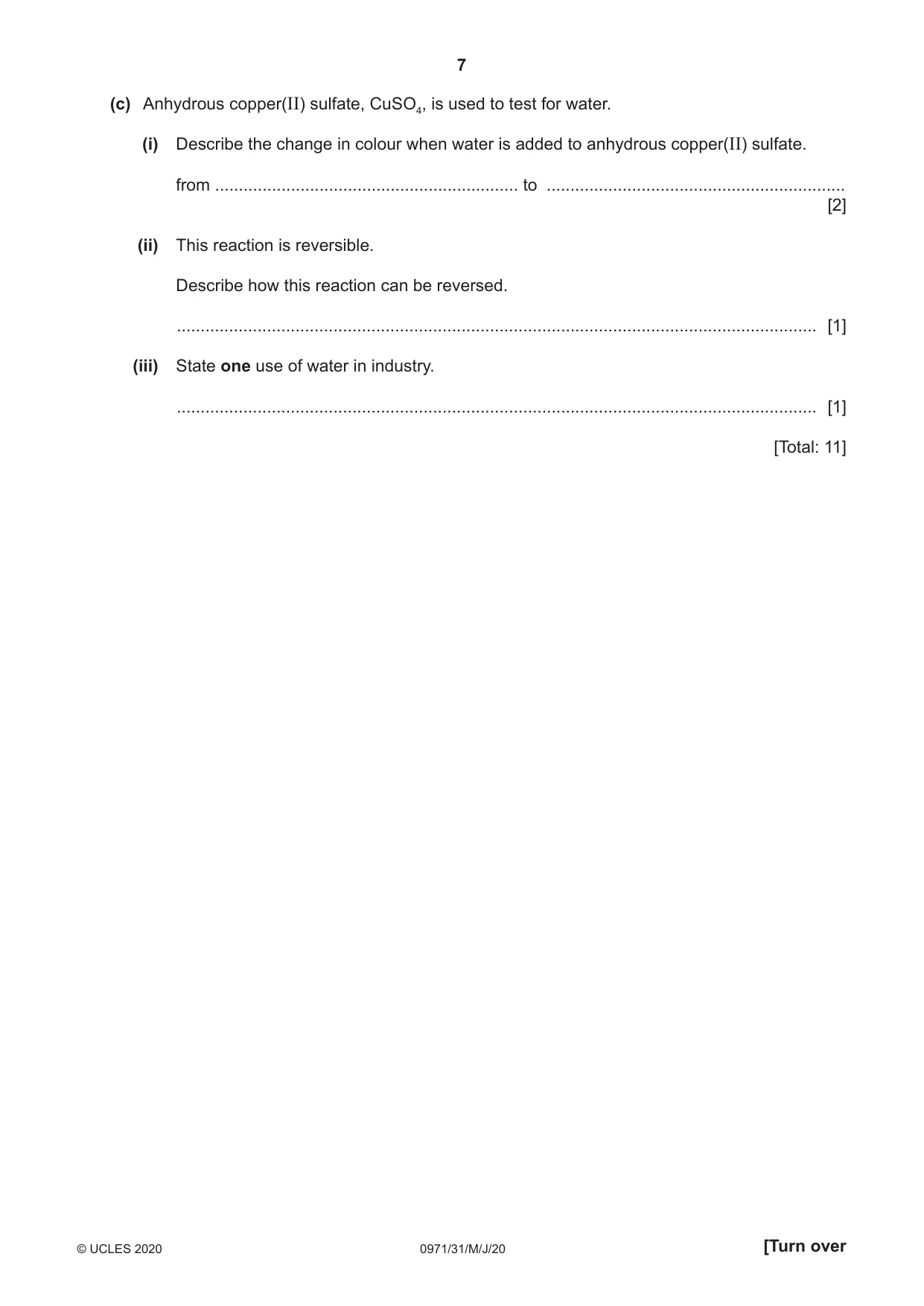 Cambridge IGCSE Chemistry (9-1) 0971 2020 May/June Paper 3 · Variant 1 question paper, page 7 of 20