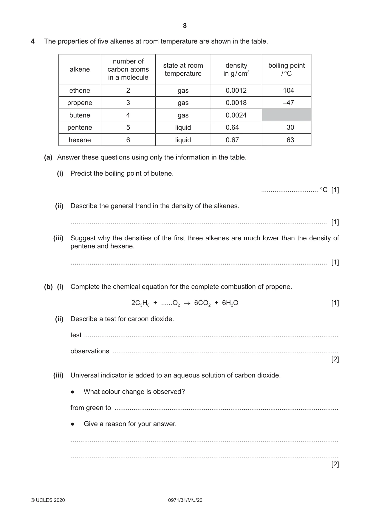 Cambridge IGCSE Chemistry (9-1) 0971 2020 May/June Paper 3 · Variant 1 question paper, page 8 of 20
