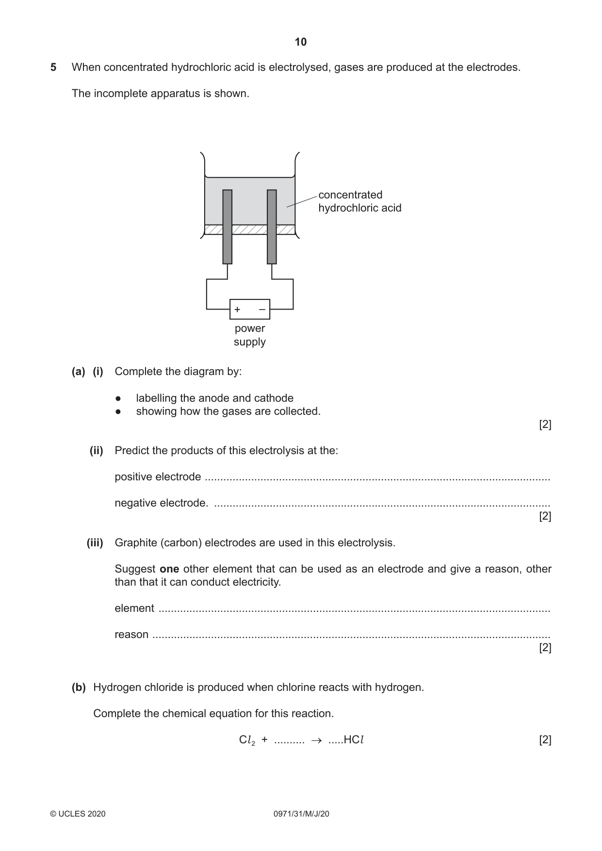 Cambridge IGCSE Chemistry (9-1) 0971 2020 May/June Paper 3 · Variant 1 question paper, page 10 of 20