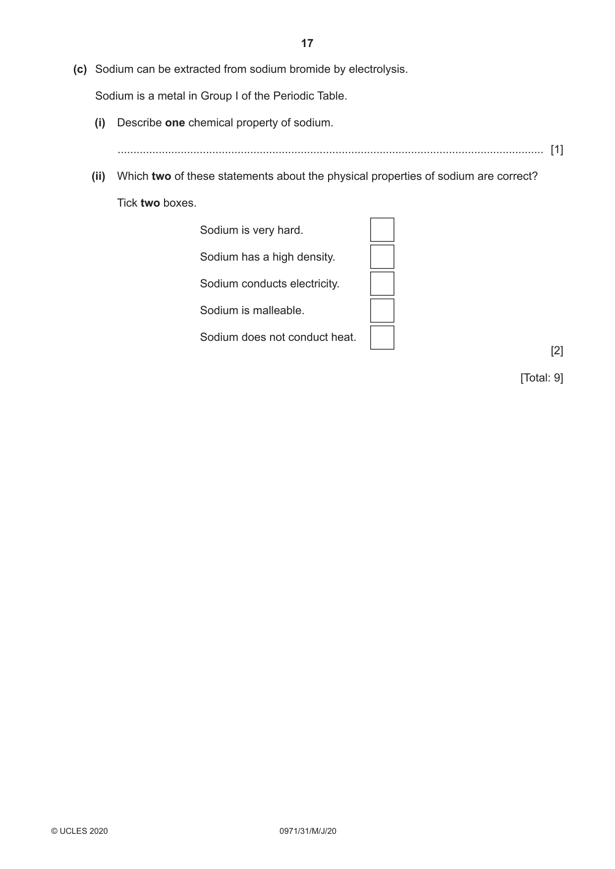 Cambridge IGCSE Chemistry (9-1) 0971 2020 May/June Paper 3 · Variant 1 question paper, page 17 of 20