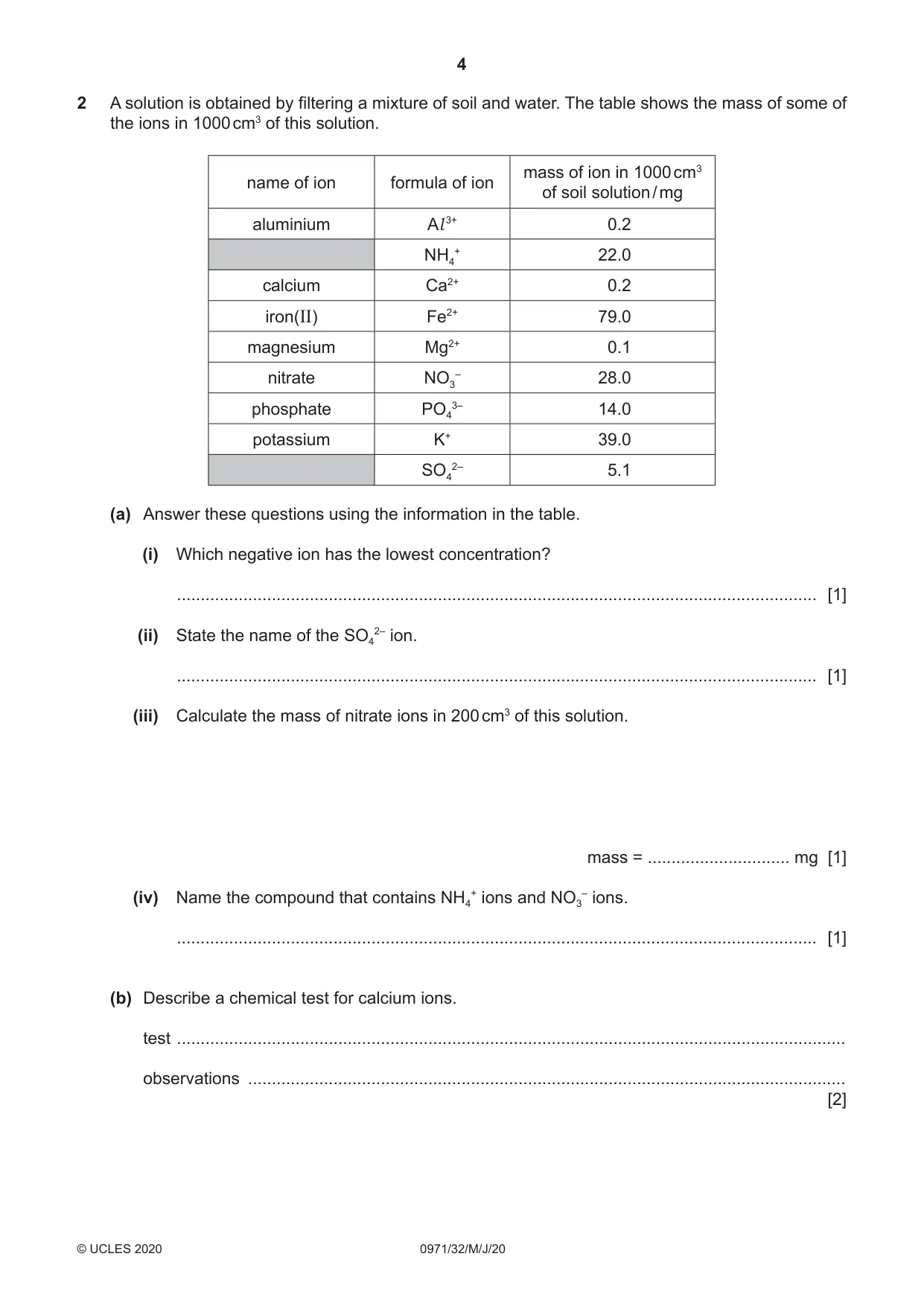 Cambridge IGCSE Chemistry (9-1) 0971 2020 May/June Paper 3 · Variant 2 question paper, page 4 of 20