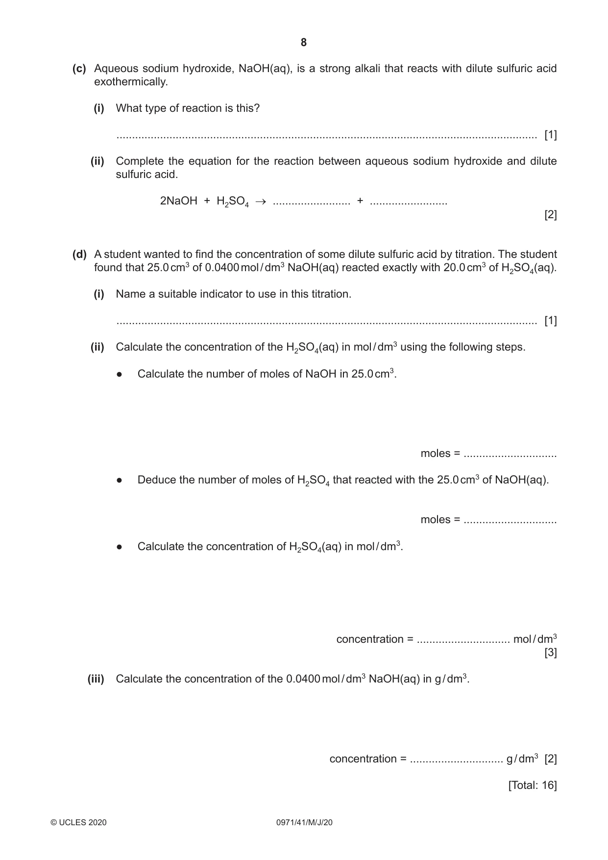 Cambridge IGCSE Chemistry (9-1) 0971 2020 May/June Paper 4 · Variant 1 question paper, page 8 of 12