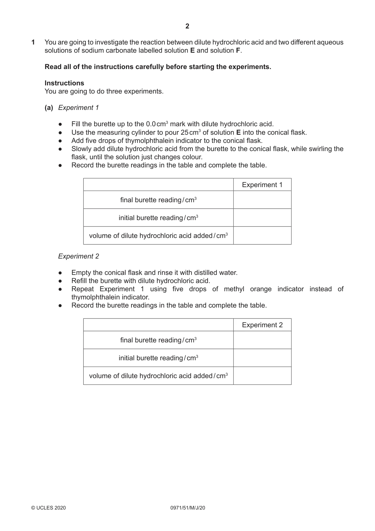 Cambridge IGCSE Chemistry (9-1) 0971 2020 May/June Paper 5 · Variant 1 question paper, page 2 of 12
