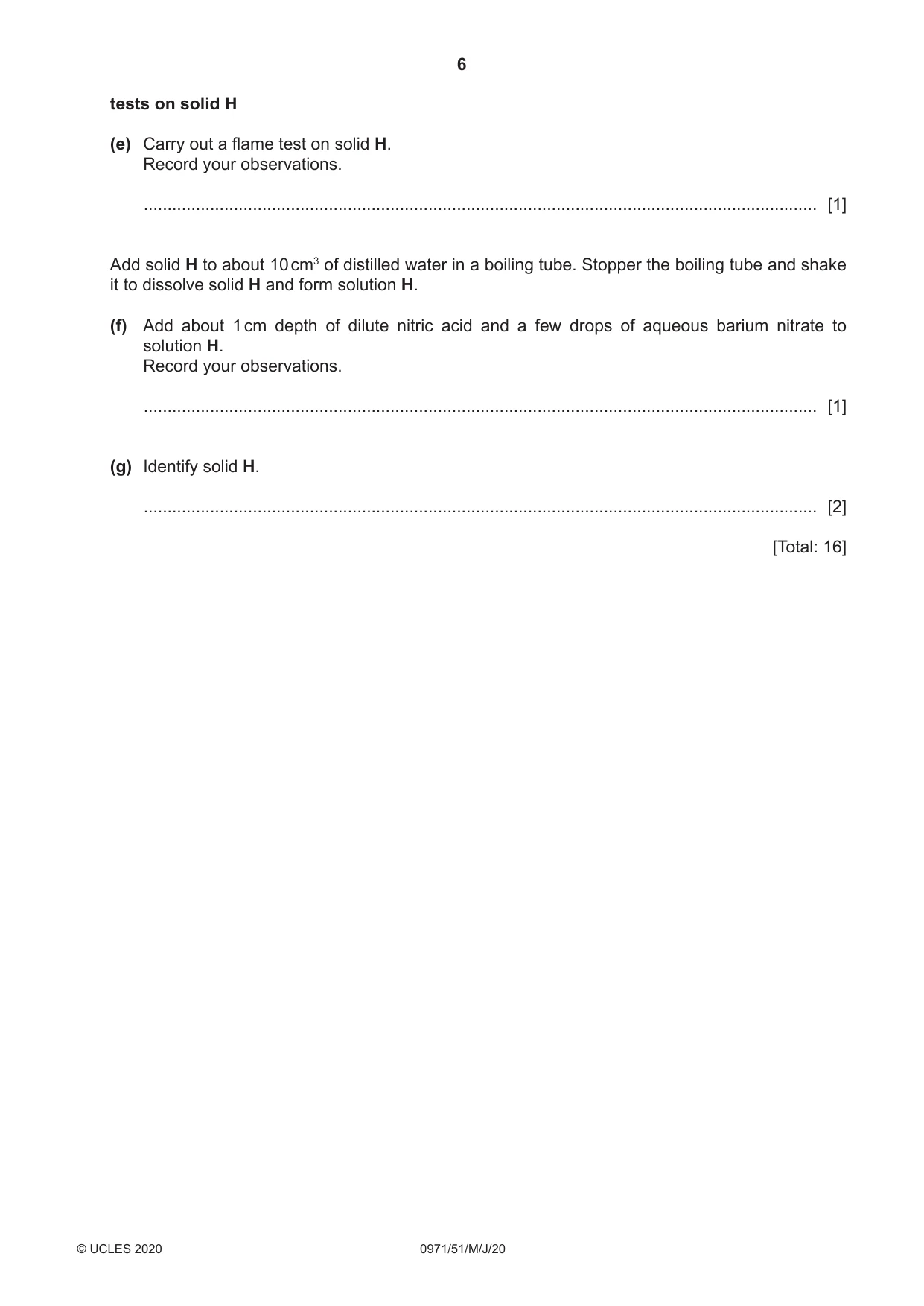 Cambridge IGCSE Chemistry (9-1) 0971 2020 May/June Paper 5 · Variant 1 question paper, page 6 of 12