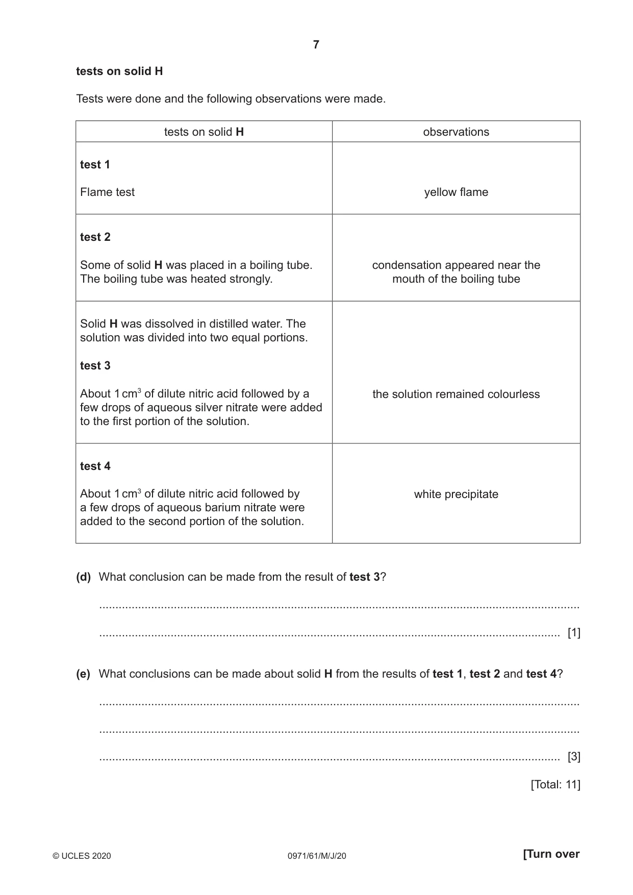 Cambridge IGCSE Chemistry (9-1) 0971 2020 May/June Paper 6 · Variant 1 question paper, page 7 of 8