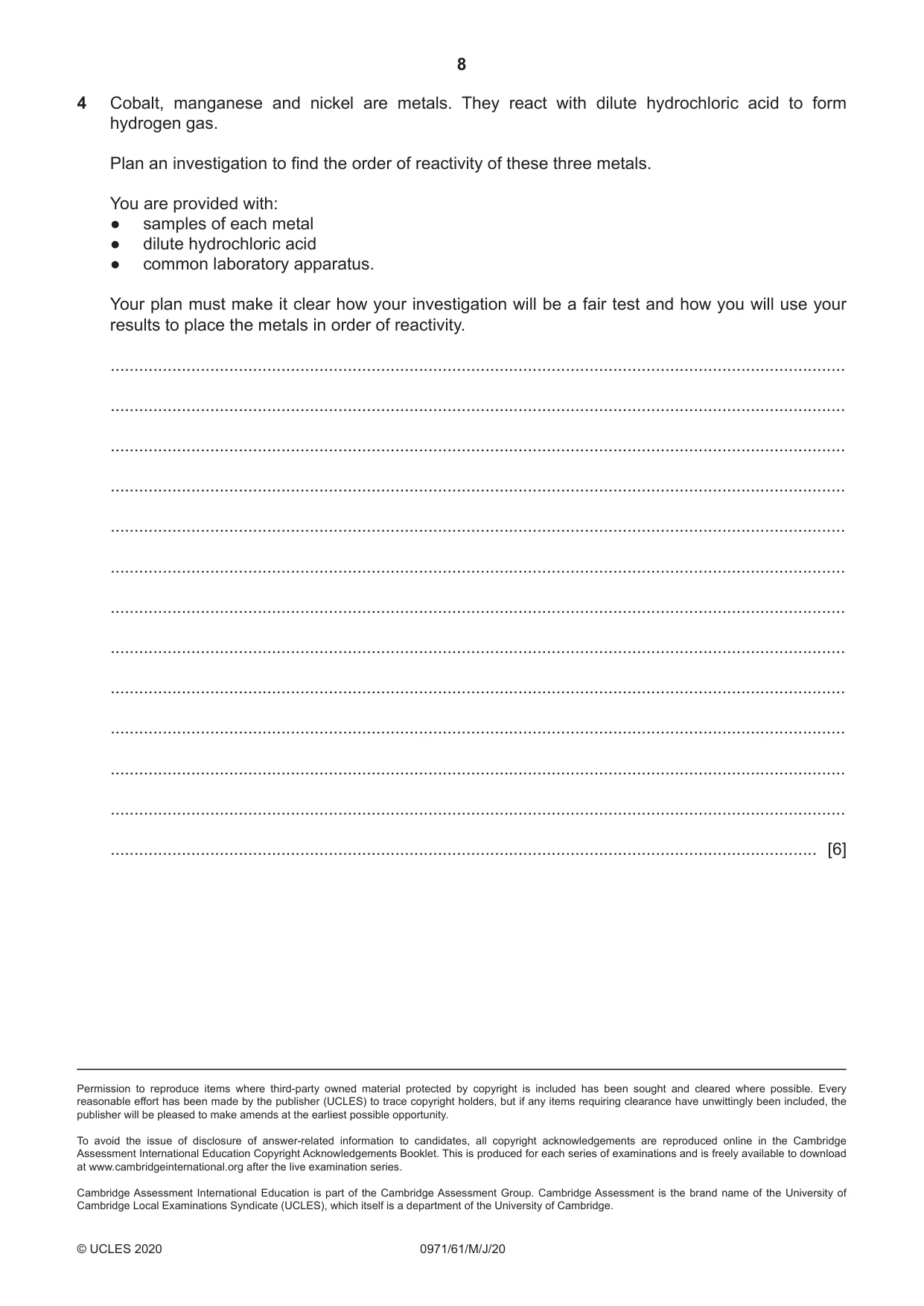 Cambridge IGCSE Chemistry (9-1) 0971 2020 May/June Paper 6 · Variant 1 question paper, page 8 of 8