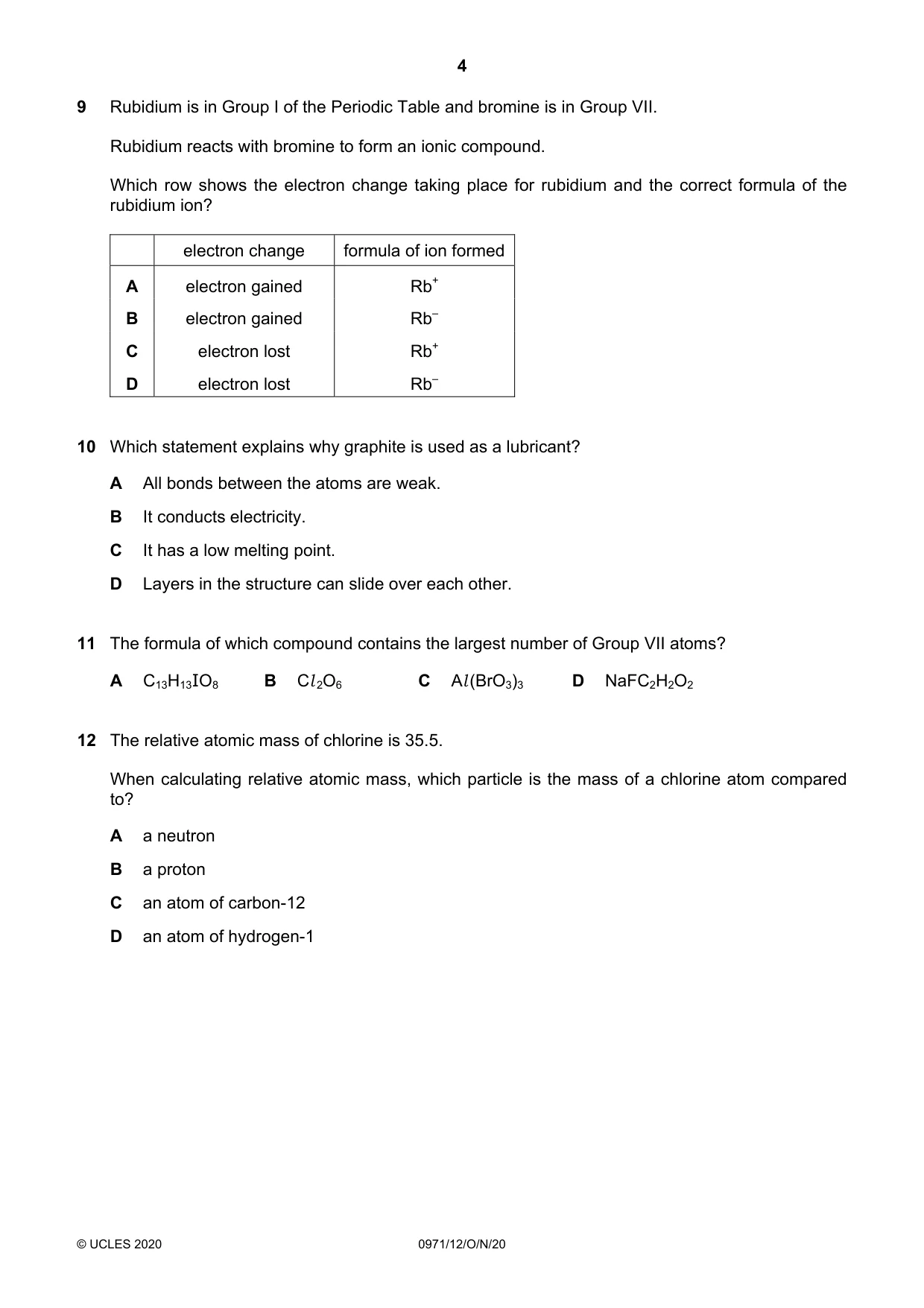Cambridge IGCSE Chemistry (9-1) 0971 2020 Oct/Nov Paper 1 · Variant 2 question paper, page 4 of 16