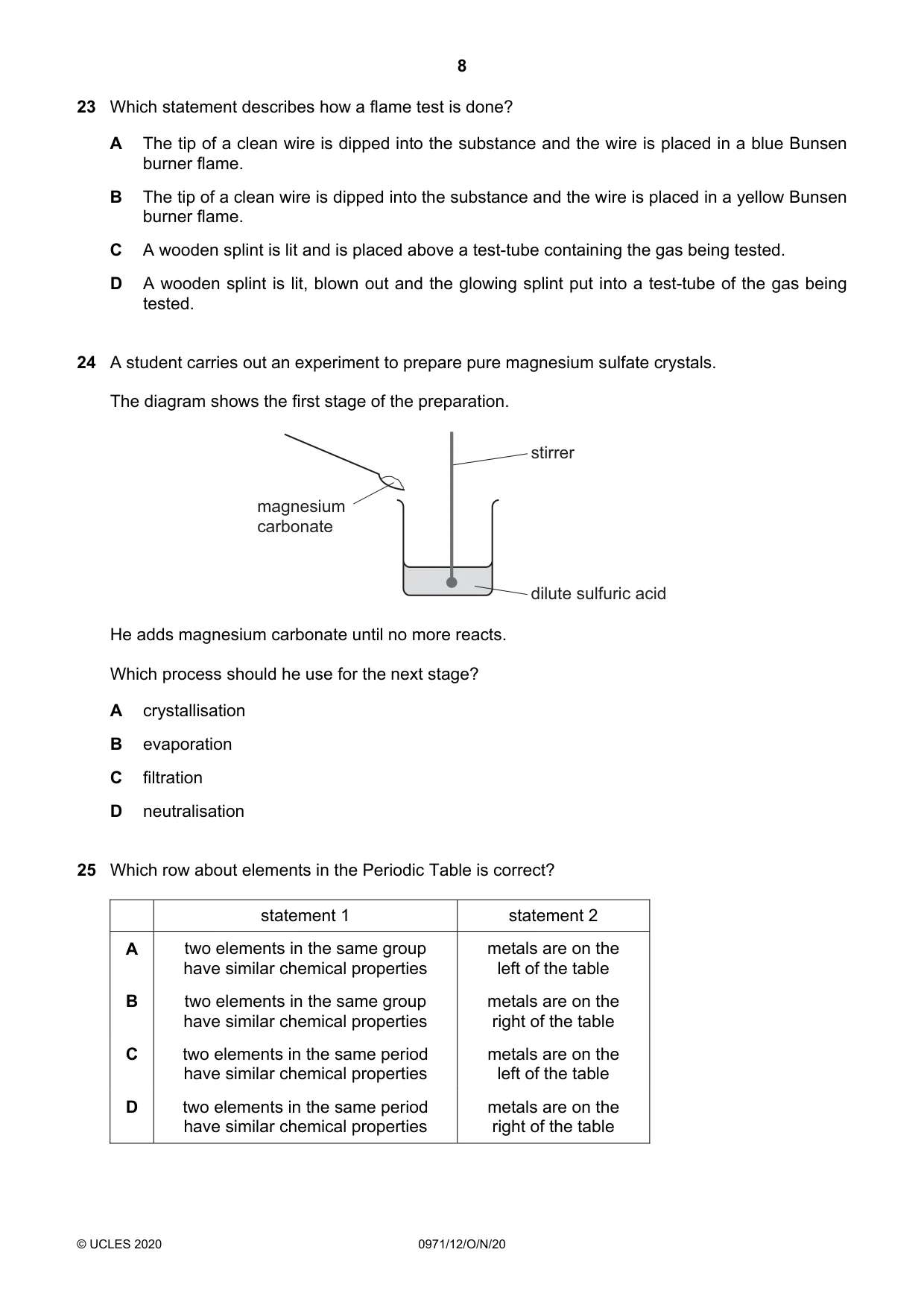Cambridge IGCSE Chemistry (9-1) 0971 2020 Oct/Nov Paper 1 · Variant 2 question paper, page 8 of 16