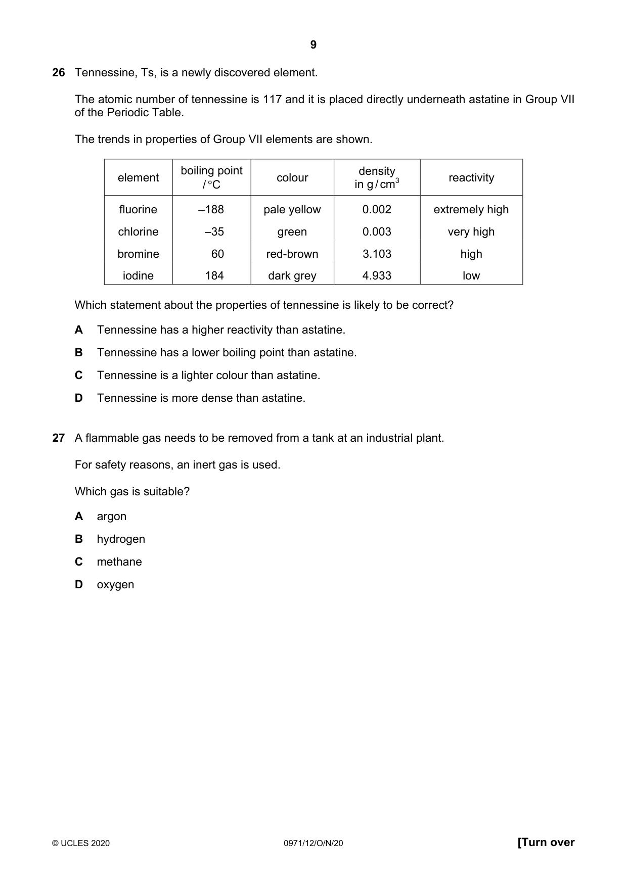 Cambridge IGCSE Chemistry (9-1) 0971 2020 Oct/Nov Paper 1 · Variant 2 question paper, page 9 of 16