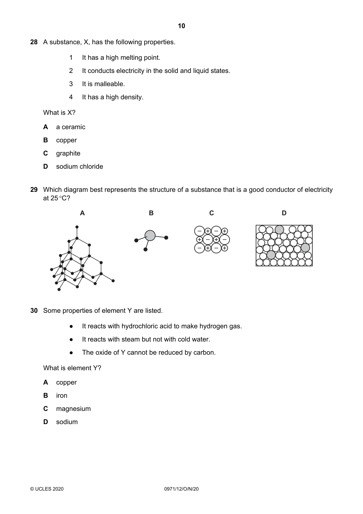 Cambridge IGCSE Chemistry (9-1) 0971 2020 Oct/Nov Paper 1 · Variant 2 question paper, page 10 of 16