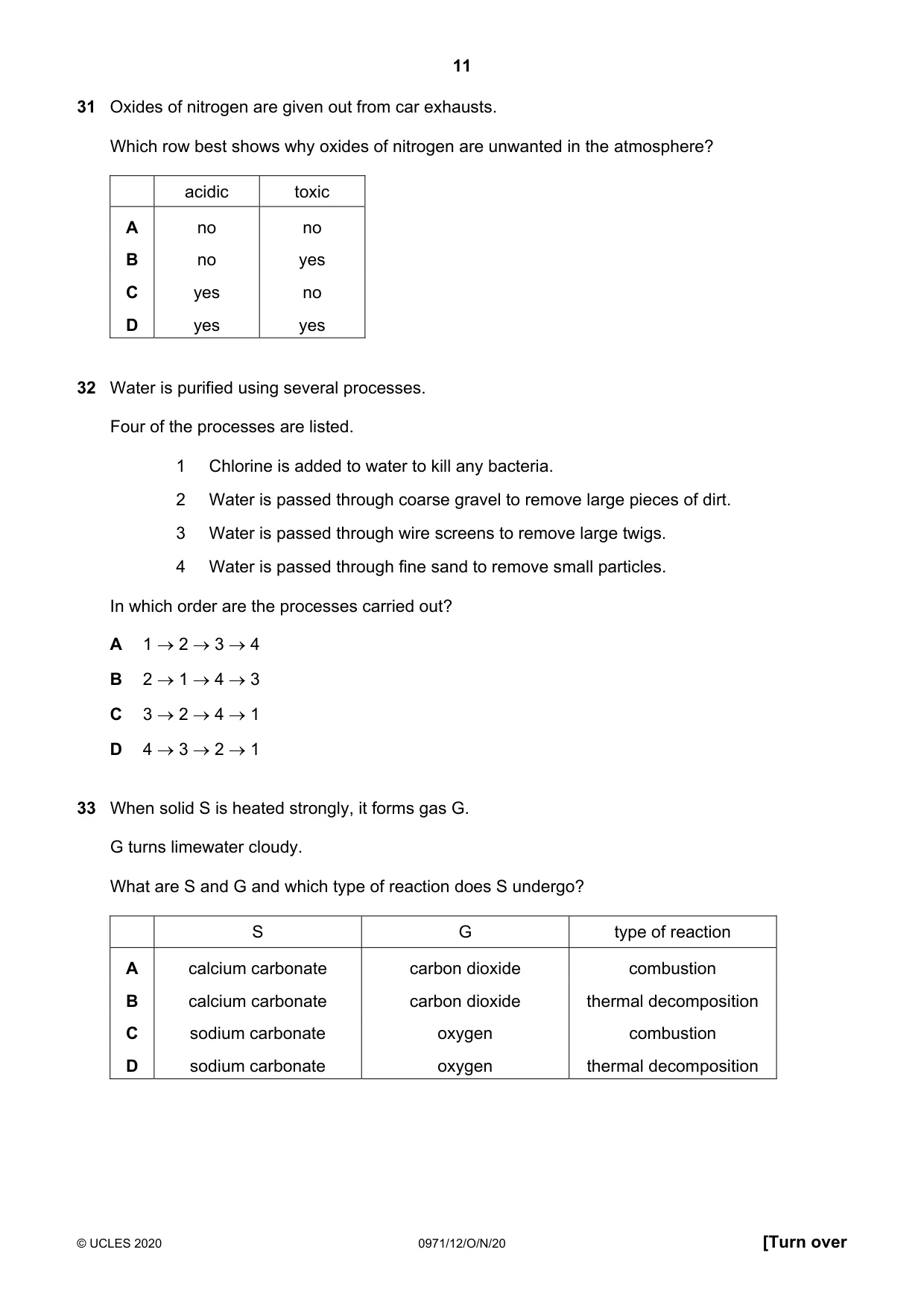 Cambridge IGCSE Chemistry (9-1) 0971 2020 Oct/Nov Paper 1 · Variant 2 question paper, page 11 of 16